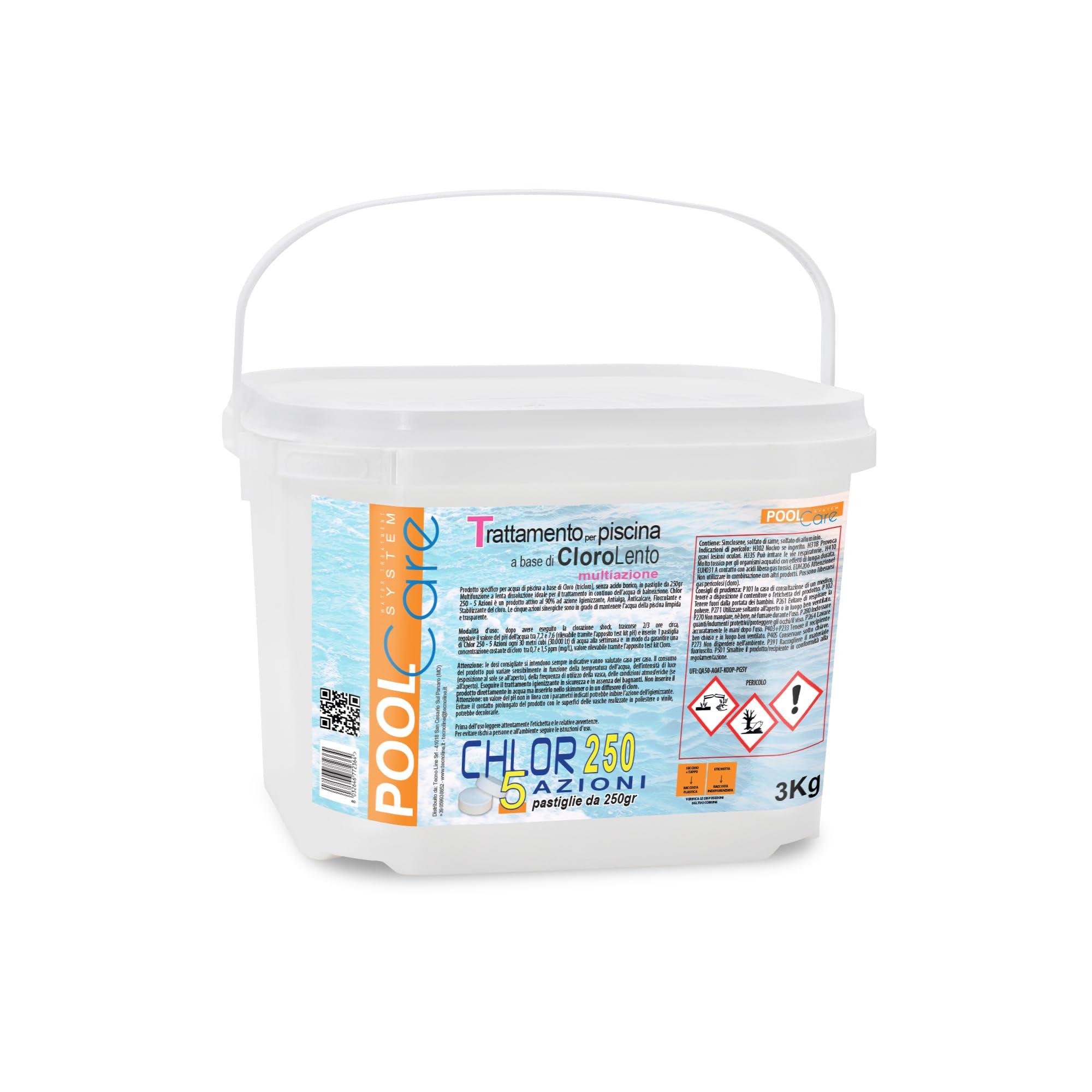 Pool Care CHLOR 250 5 Azioni Cloro Multiazione in Pastiglie da 250 gr - 3KG | Cloro MULTIAZIONE a lenta dissoluzione per Piscina