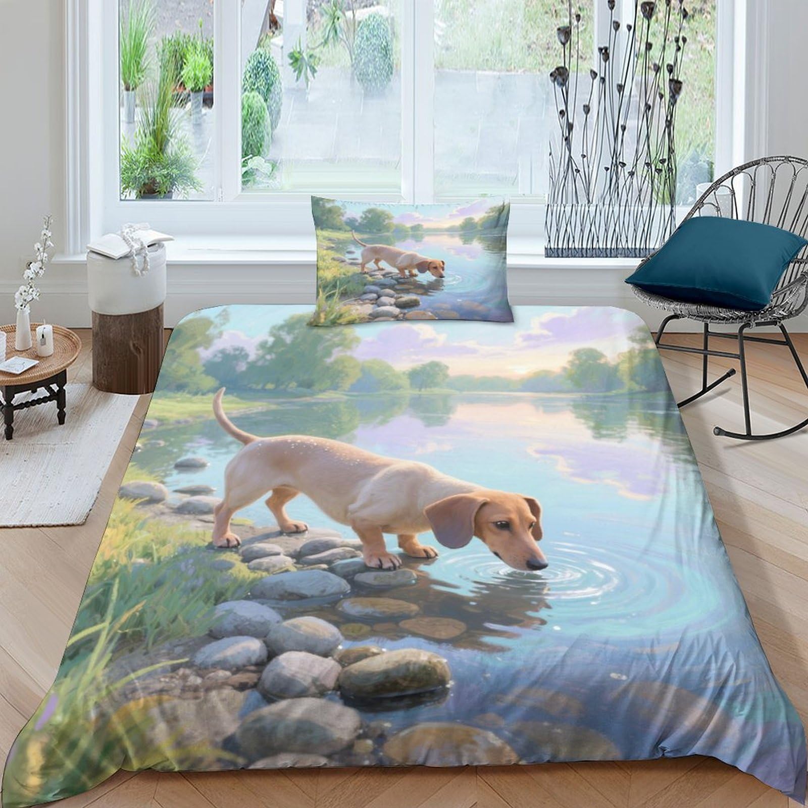 Housse de couette chien Teckel 3D lit 1 personne 135x200cm microfibre zippée pour fille et garçon