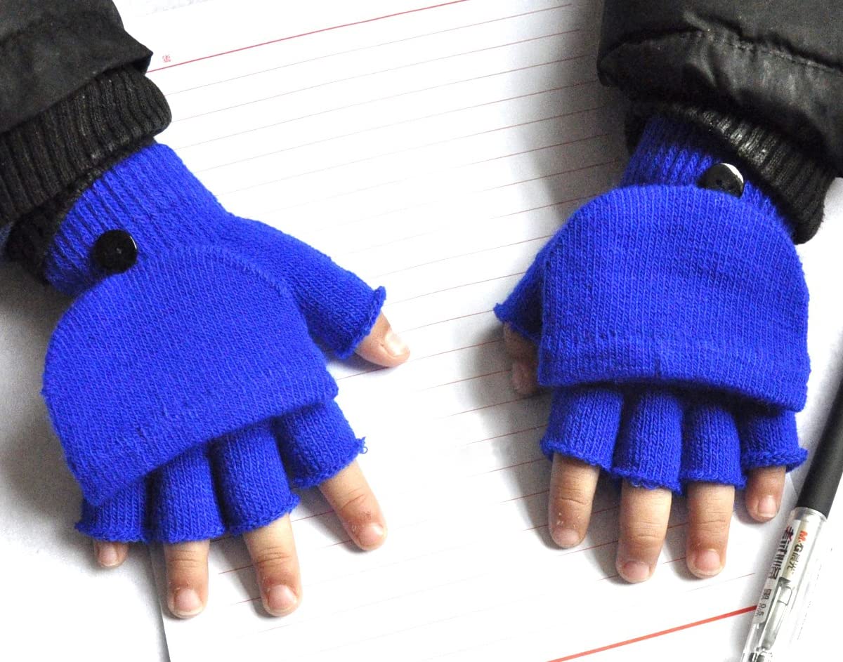 ASUITOFK Boys Girls Knitted Half Finger Mitten Convertible Warm Knit Glove with Mitten Cover for Kids and Teens Blue