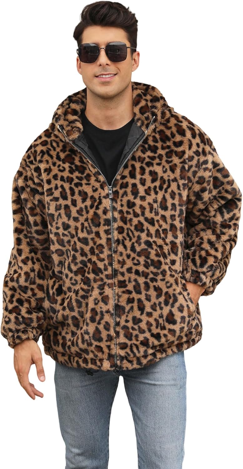 Men's Furry Winter Loose Faux Fur Leopard Zipper Hooded Baseball Jacket Coat With Lining