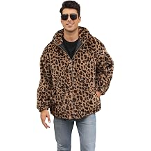 Men's Furry Winter Loose Faux Fur Leopard Zipper Hooded Baseball Jacket Coat With Lining