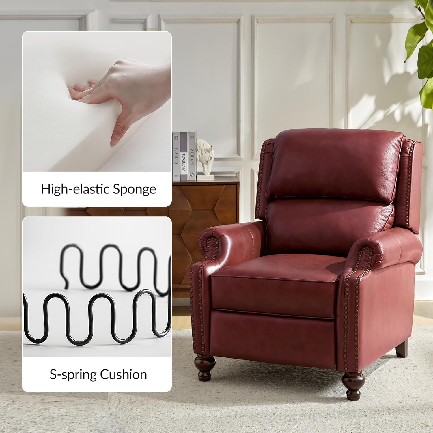 HULALA HOME Genuine Leather Wingback Recliner Chair with Thick Cushioned Seat, Traditional Push Back Leather Recliner with Nailhead Trim, Burgundy