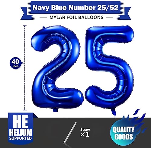 Miniatura 2 de Globos de color azul marino del número 25, globos de cumpleaños de 40 pulgadas, globos de cumpleaños de 25 o 52 globos grandes de aluminio de Mylar