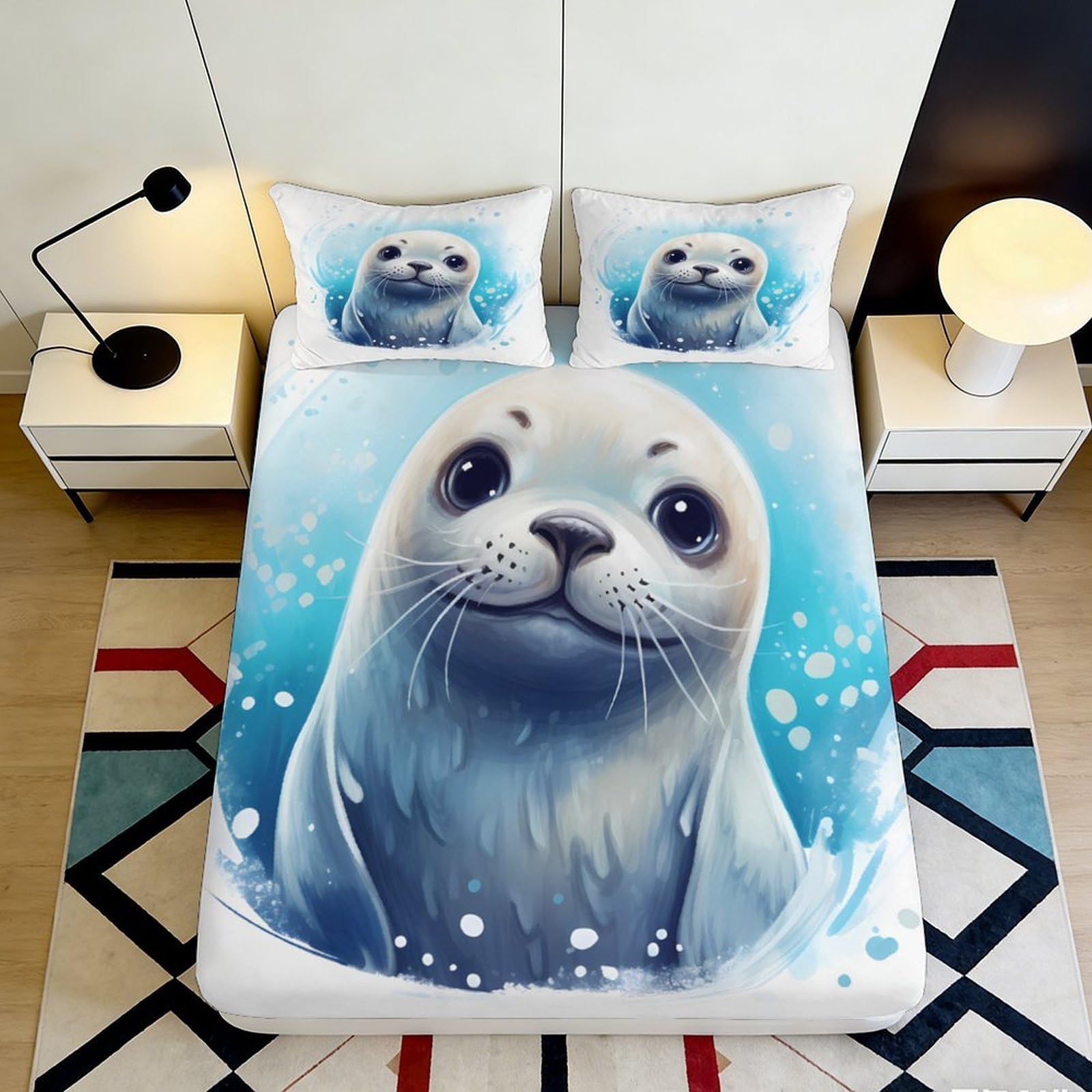3D Printed Sea Animal Fitted Sheet Microfiber Deep Pocket Non-Slip Ocean Animal Mattress Fitted Cover Washable Bedroom 140x200x25cm