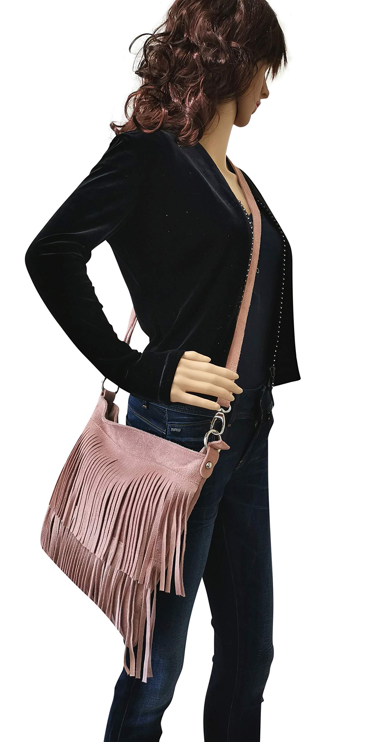 AMBRA moda donna, WL809, borsa da donna con frange, a tracolla, in pelle scamosciata, 32 cm x 29 cm x 2 cm