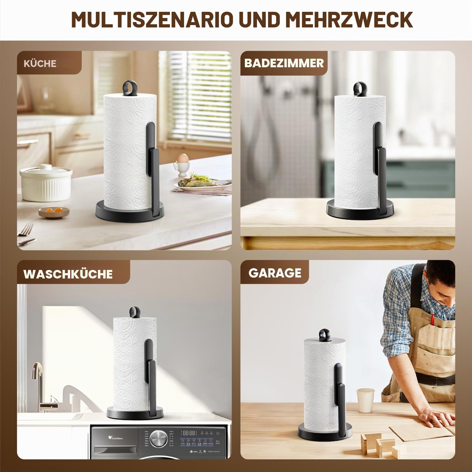 theaoo Robuster Edelstahl-Papierhandtuchhalter mit Spannarm, einfaches Einhandreißen, moderner stehender Arbeitsplattenspender für die Küche, hält alle Papierhandtuchrollen (1, Schwarz)