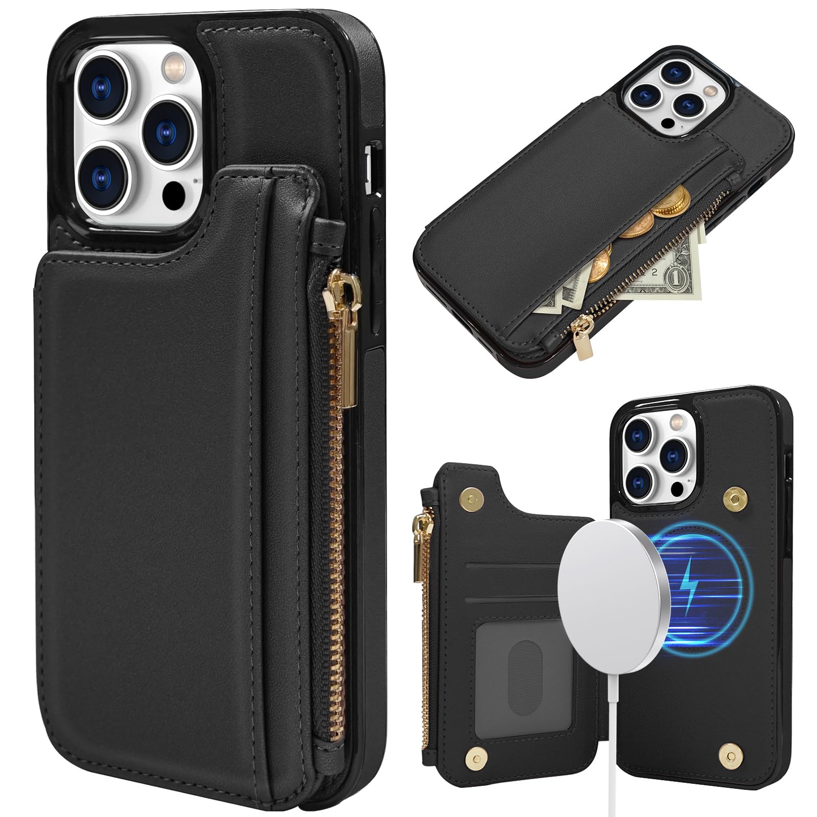 Delidigi for iPhone 15 Pro Max Case Wallet with Card Holder Compatible with MagSafe,Women Flip PU Leather Cover Zipper Pouch Wallet Case for iPhone 15