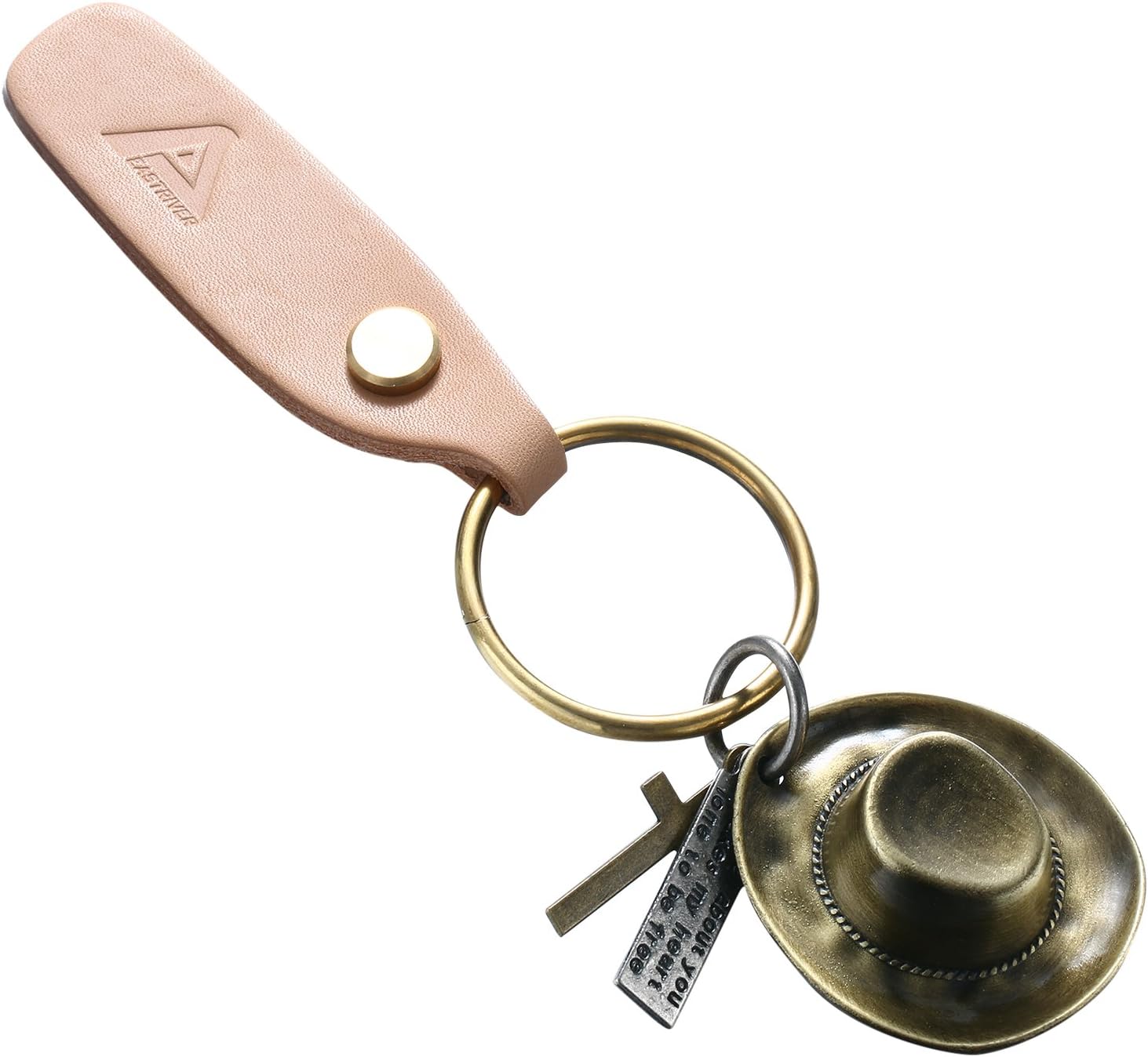 EASTRIVER Brass Key Chain Rustless Copper Key Ring Key Holder Key Organizer Hook and Leather Craft Handle with Mini Cowboy Hat Accessory, Stylish Design and Hand-made Nice Gift for Dad/Uncle/Grandpa