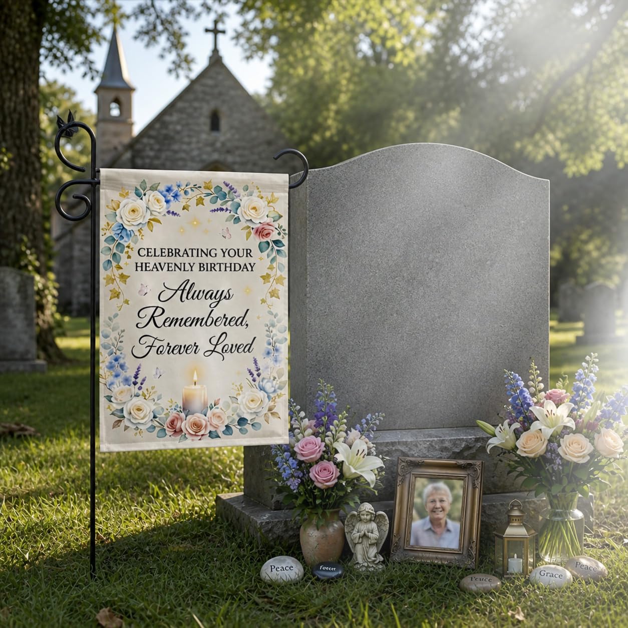 Photo 1 of Heavenly Birthday Garden Flag, Double Sided Linen Memorial Flag, In Loving Memory Cemetery Decoration, Weather Resistant Yard Flag for Remembrance Gift