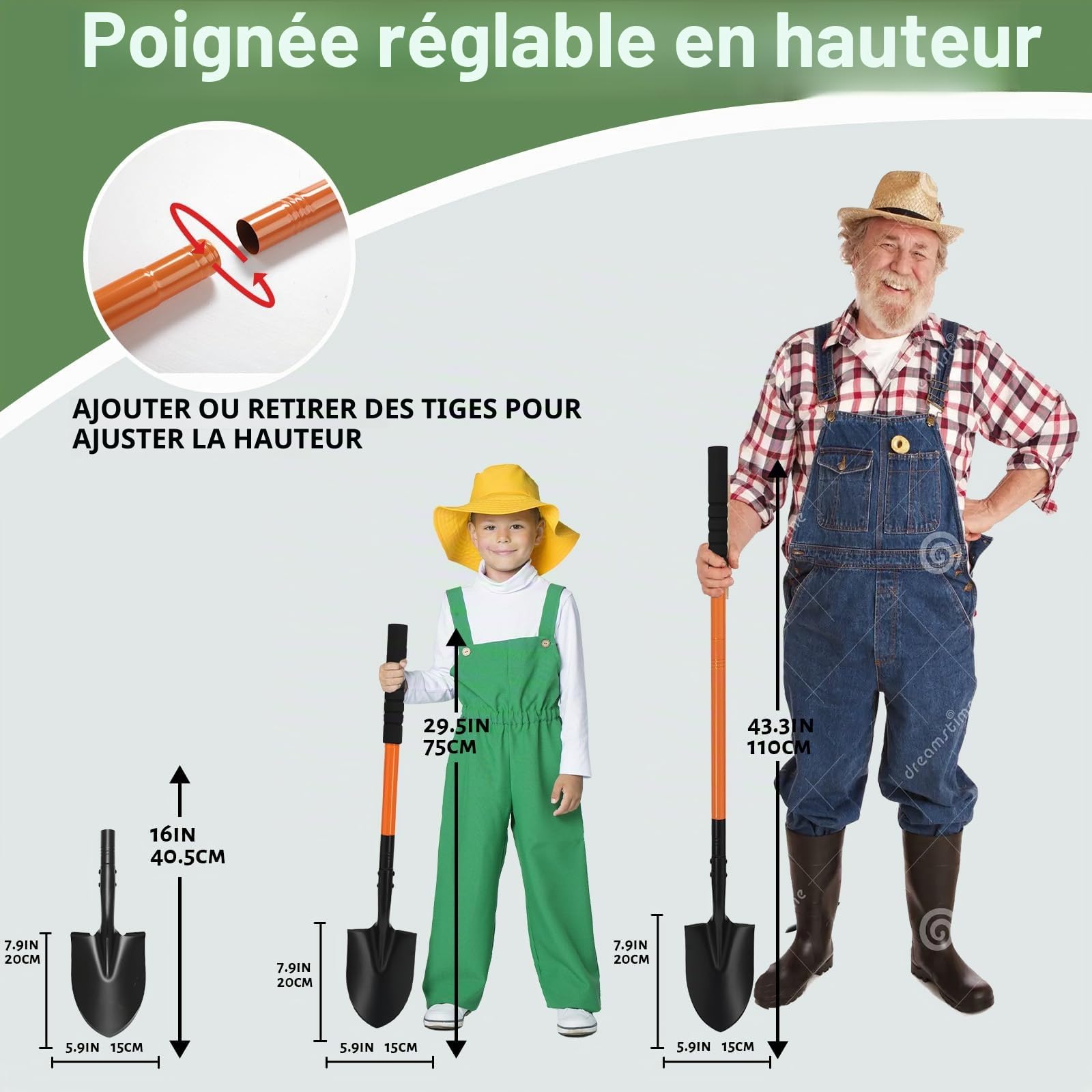 Petite Pelle de Jardin avec Manche en Acier Inoxydable de 110 cm, pelles métalliques Robustes et Amovibles pour Le Jardinage, Le creusement, Le Camping et l'ouverture de tranchées, Orange