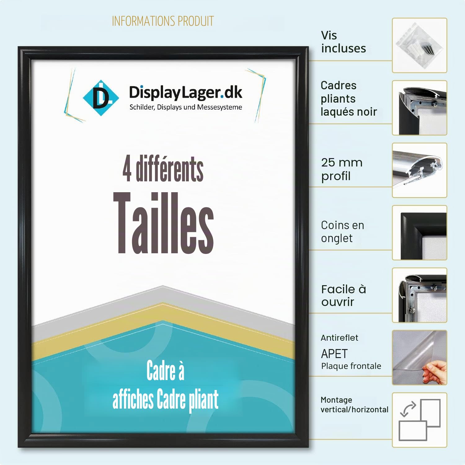 DisplayLager - 5 Cadre à Clipser A1, 5 pièces, Noir | Cadre pour Affiches avec Profil en Aluminium argenté de 25 mm | avec vitre de Protection antireflet et matériel de Fixation