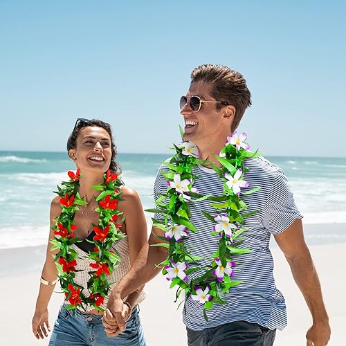 Miniatura 5 de ADXCO 6 piezas de collar de Leis hawaiano, guirnaldas de flores tropicales, decoraciones de fiesta Luau a granel, guirnaldas hawaianas para adultos,