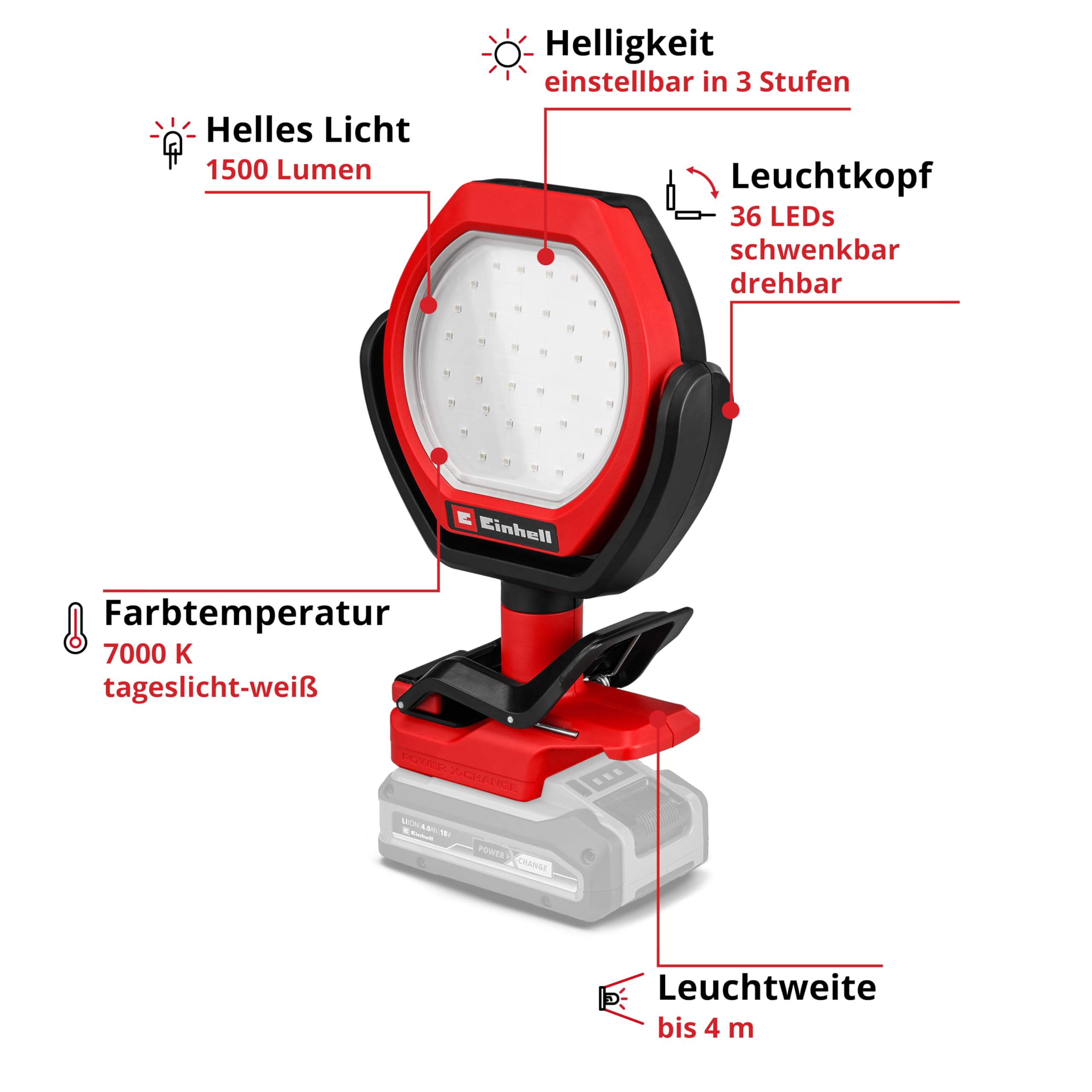 Einhell Akku-Outdoor-Lampe GC-OL 18/1500 Li-Solo Power X-Change (18 V, 1500 lm, 7000 K, 4 m Leuchtweite, schwenk- & Drehbarer Leuchtkopf, 3 Helligkeitsstufen, Ohne Akku)