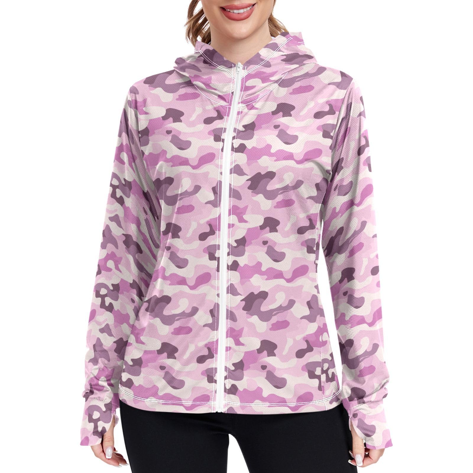 Blue Pink Camo Women Sun Protection Hoodie Jacket Lightweight Womens Zip Up Jackets UPF 50+