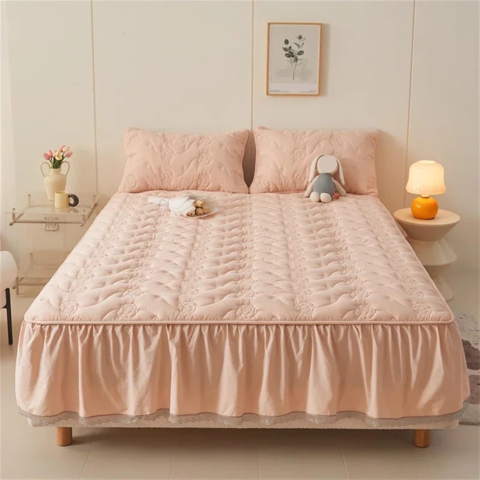 Gonna letto con balza Copriletto Lenzuola matrimoniali in cotone Gonna letto Lenzuolo con angoli elasticizzati Copriletto Coprimaterasso(Color1,180x200cm)