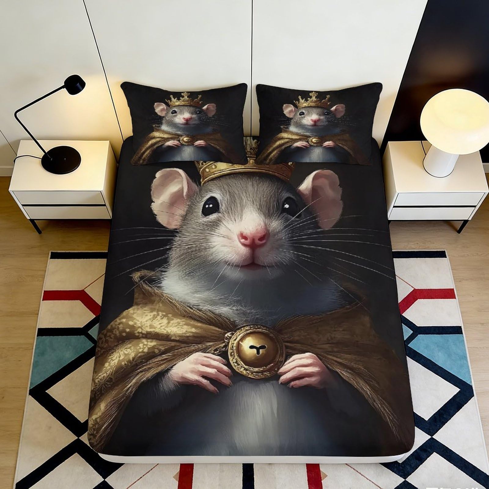 3D Printed Cute Mouse Fitted Sheet Microfiber Non-Slip Deep Pocket Bedroom Bedding Mouse Mattress Fitted Cover Washable 140x200x25cm