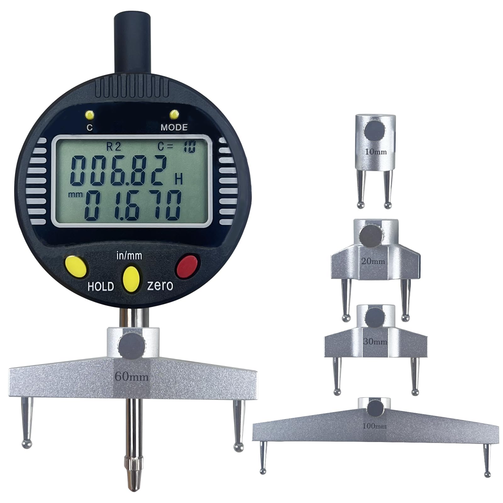 Digital Inner and Outer Radius Gauge with (10/20/30/60/100mm) Replaceable Measuring Claws,Radius Range: 5-700mm (0.2-27.5in), Measurement Range: