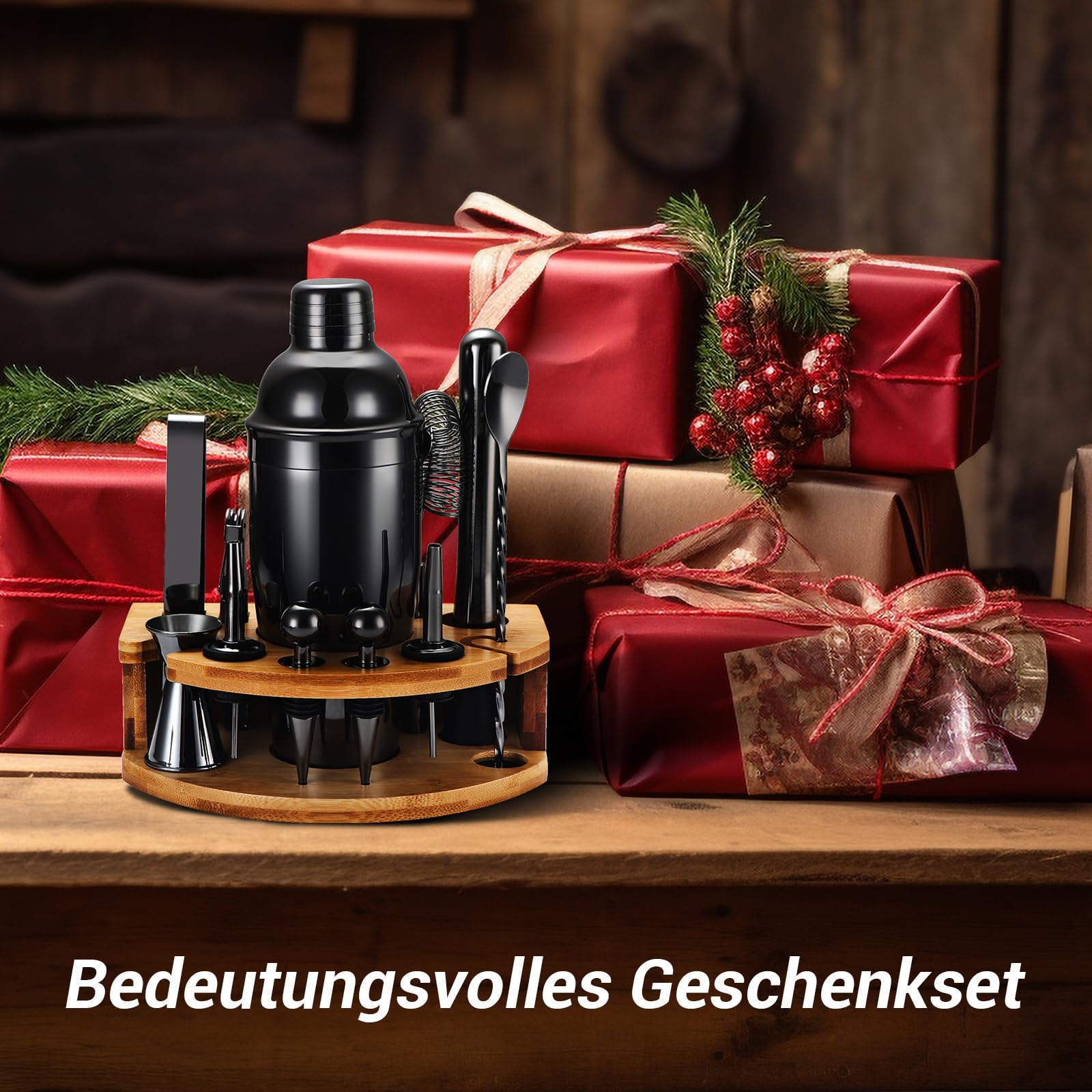 Cocktail Shaker Set, 12 Teiliges Edelstahl Bar Zubehör Set, 750ML Shaker Barkeeper Set mit Ständer, Ideales Cocktail Maschine Barkeeper Set für die Hausbar (Schwarz)