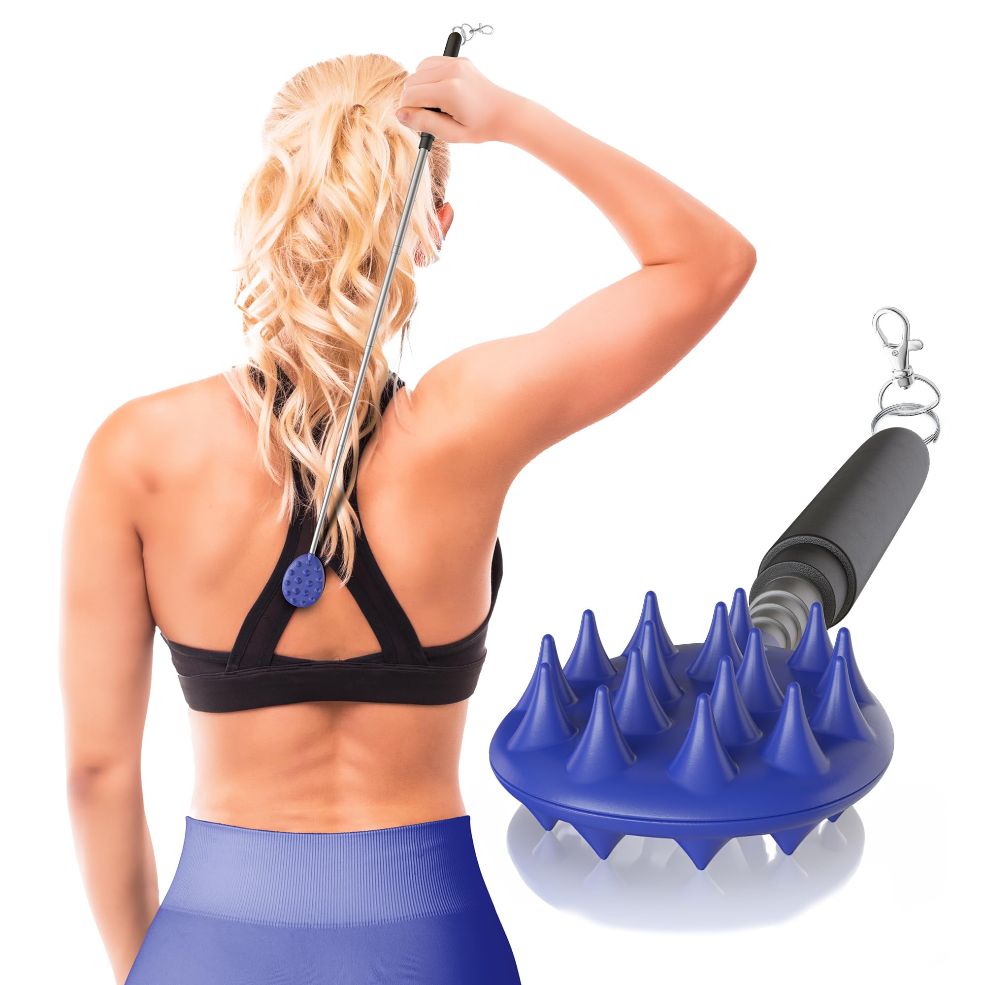 Cactus Scratcher Telescopic Keychain Back Scratcher - One-Handed Double-Sided Itch Reliever for Back, Neck, Head, Beard, and Body - The Ultimate Gift for Men and Women - Blue