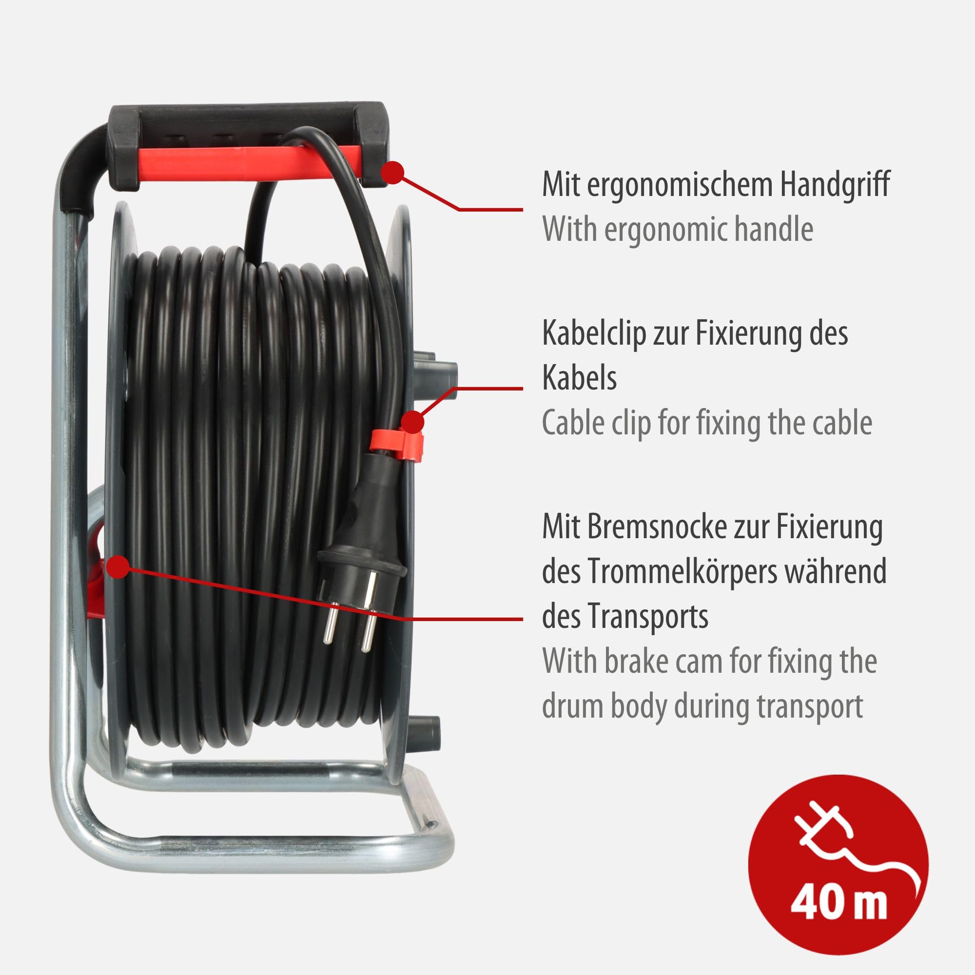 Brennenstuhl Garant V2 bęben kablowy 40 m (Made in Germany, 4 gniazda wtykowe z zestykiem ochronnym z samozamykającymi się pokrywkami, z ergonomicznym uchwytem)