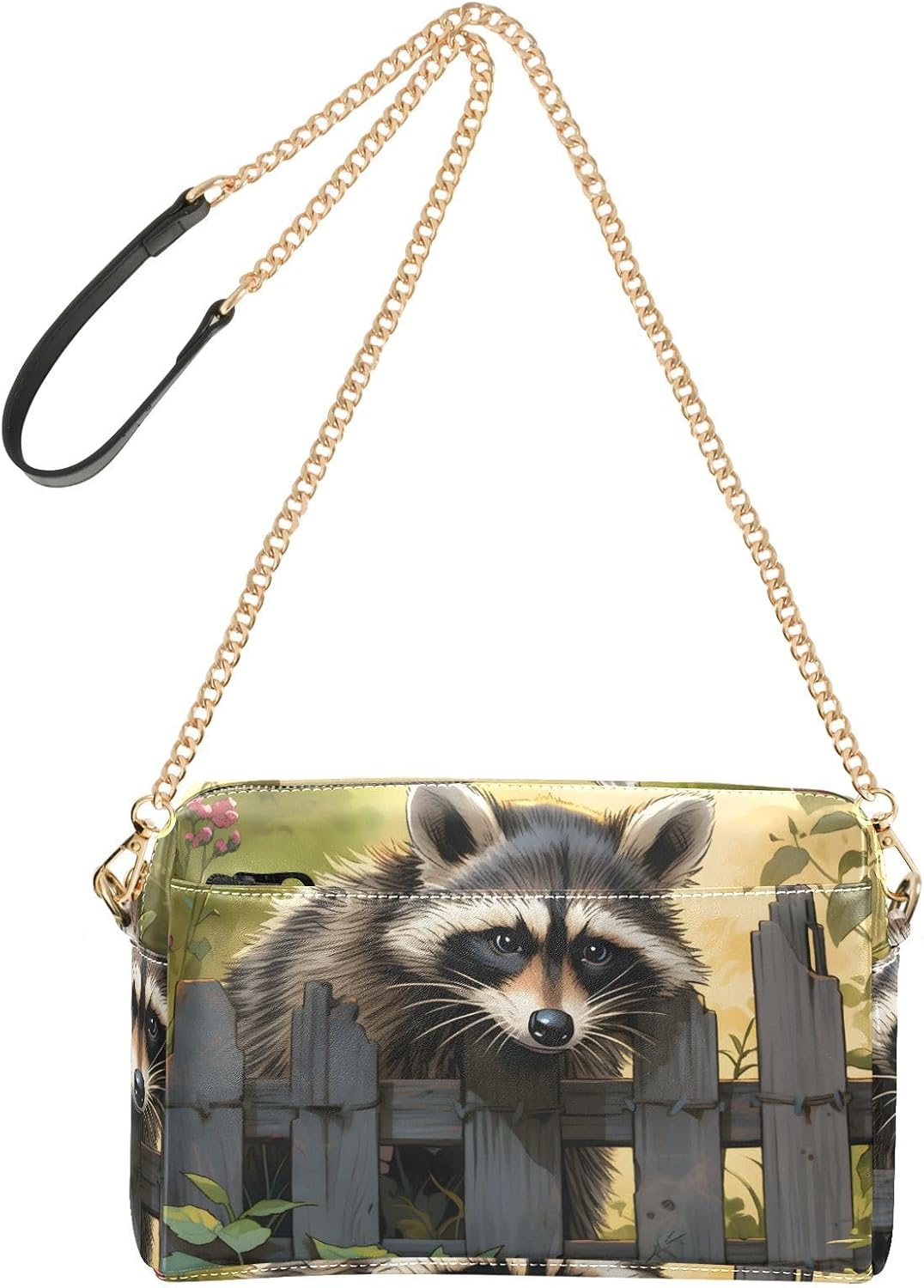Women Crossbody Bag Shoulder Handbag Cellphone Purse Fence Raccoon Print, PU Leather Metal Chain Strap Water Resistant Zipper Closure