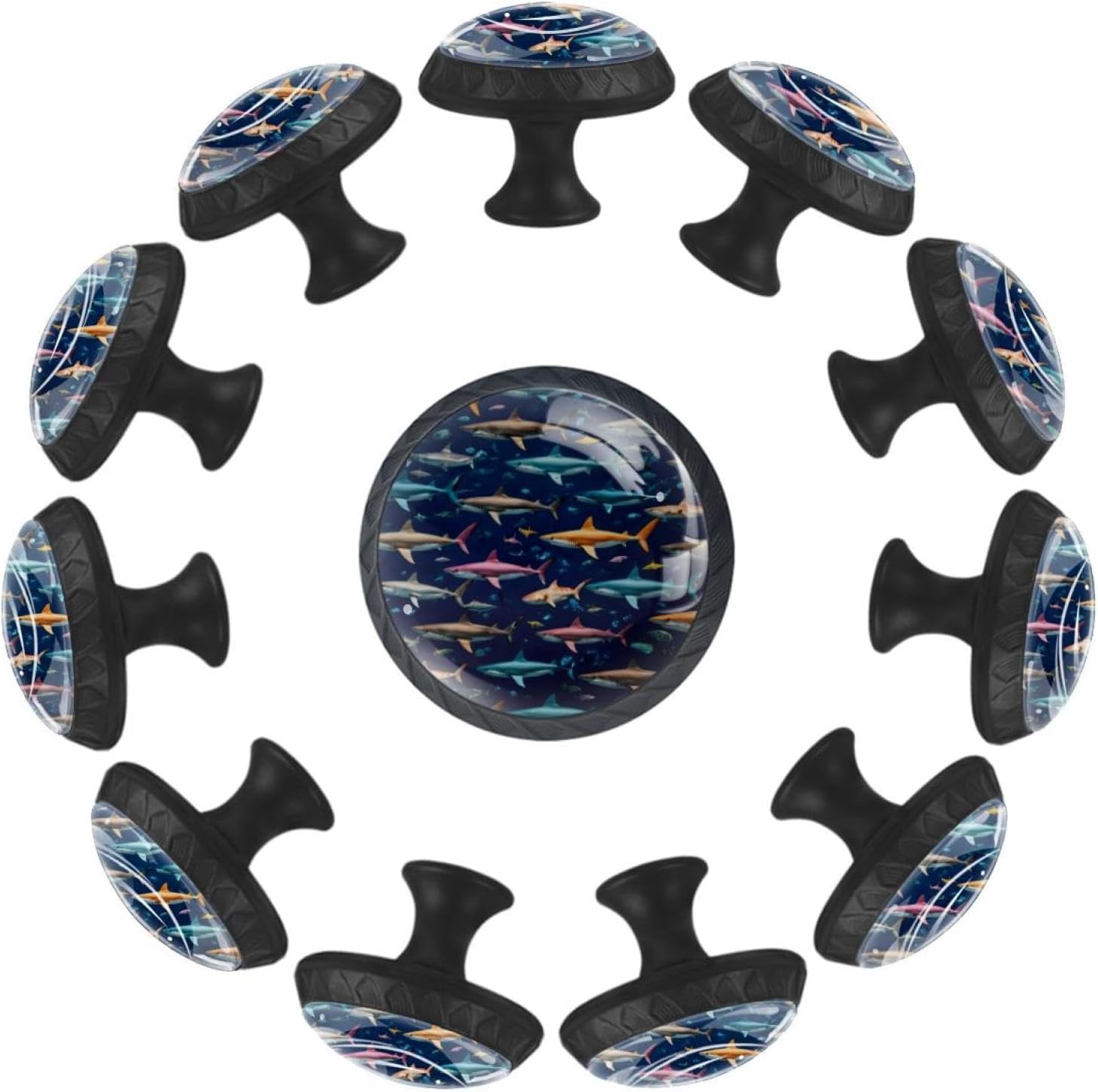 Black Animal Underwater Colorful Sharks Patter Glass Drawer Pulls, Decorative Knobs for Cabinet Dresser Wardrobe Wooden Furniture