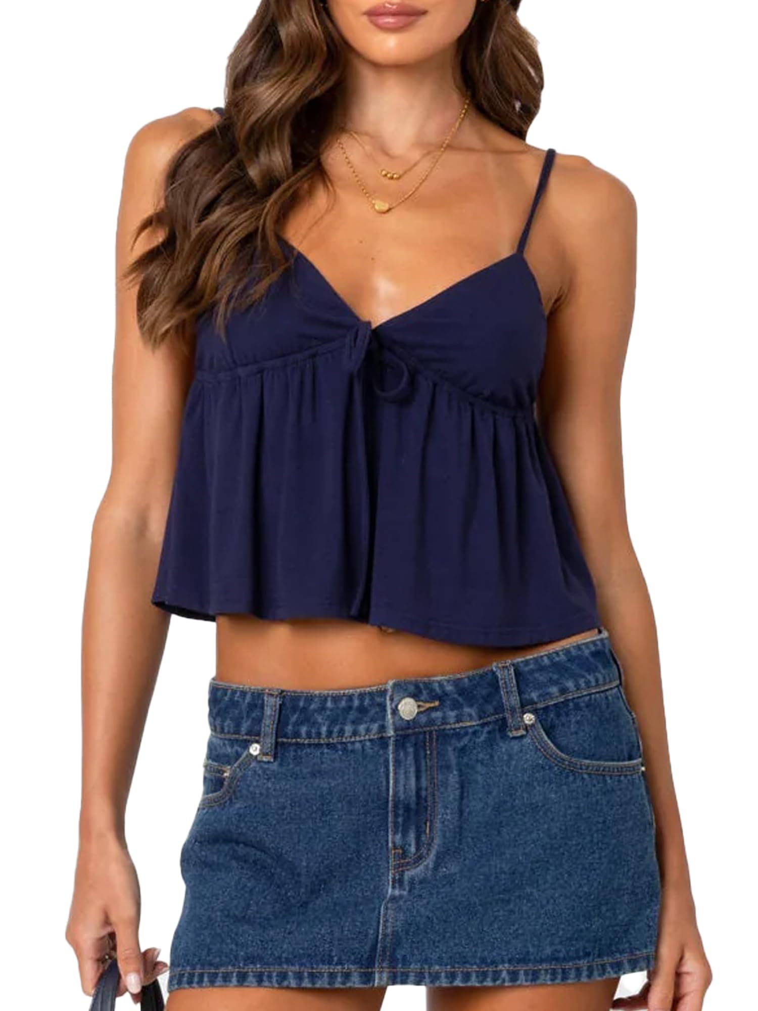 GXNRHG Canottiera Babydoll in Pizzo da Donna Canotta con Cinturino per Spaghetti Scollo a V Volant Peplo Flowy Cami Backless Sexy per Uscire Crop Top Party Streetwear