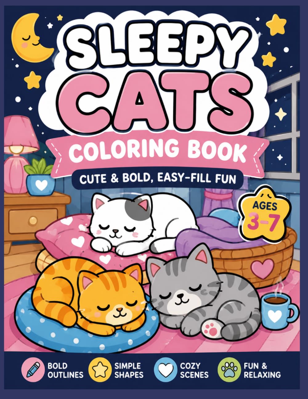 Cute Sleepy Cats Coloring Book for Kids Ages 3-7: Bold and Easy Kitten Coloring Pages with Simple Designs, Cozy Bedtime Scenes, and Fun Relaxing ... Pages Featuring Sleepy Kittens, Napping Cats