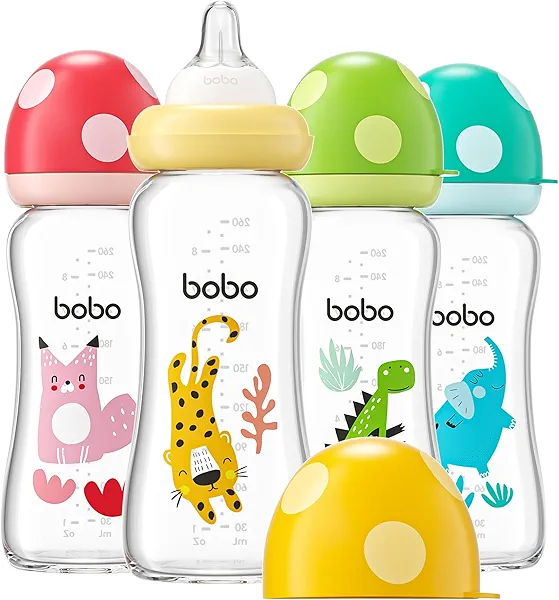 YOHKOH Natural Glass Baby Bottle with Natural Response Nipple, Newborn Anti-Colic Baby Bottles, Wide Neck Mushroom Cap Baby Bottle, Clear (8.8ounce (Pack of 4), Multicolour2)