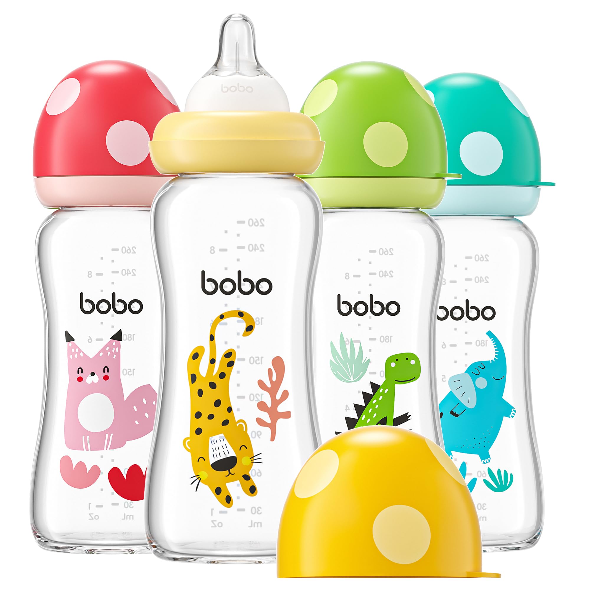 Natural Glass Baby Bottle with Natural Response Nipple, Newborn Anti-Colic Baby Bottles, Wide Neck Mushroom Cap Baby Bottle, Clear (8.8ounce (Pack of 4), Multicolour2)