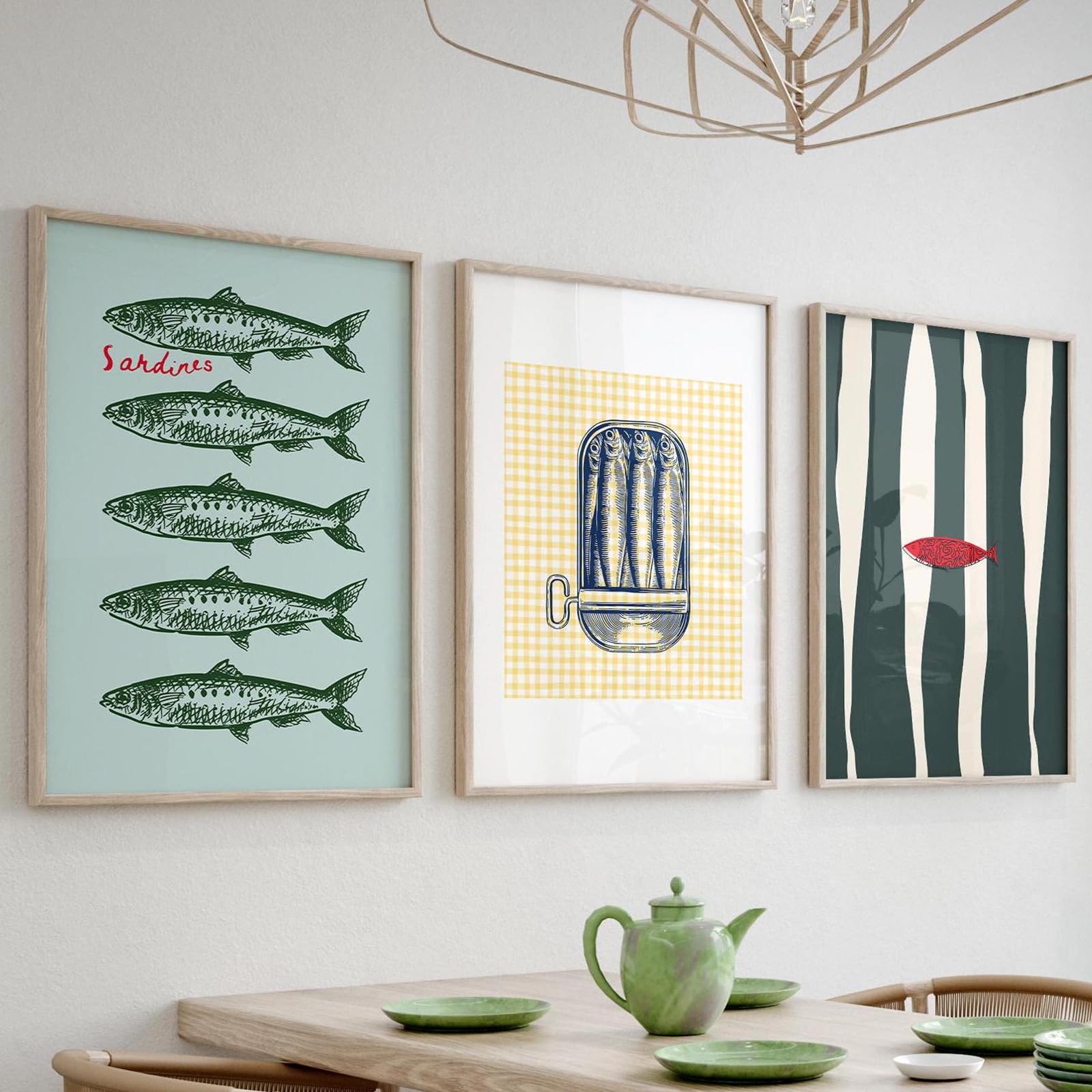 ZBELLO Set of 3 Posters, Sardine-Themed Art Prints, Coastal-Style Kitchen Decor, Vintage Aesthetic Pictures for Kitchen and Living Room Decor, Unframed (40x50cm)