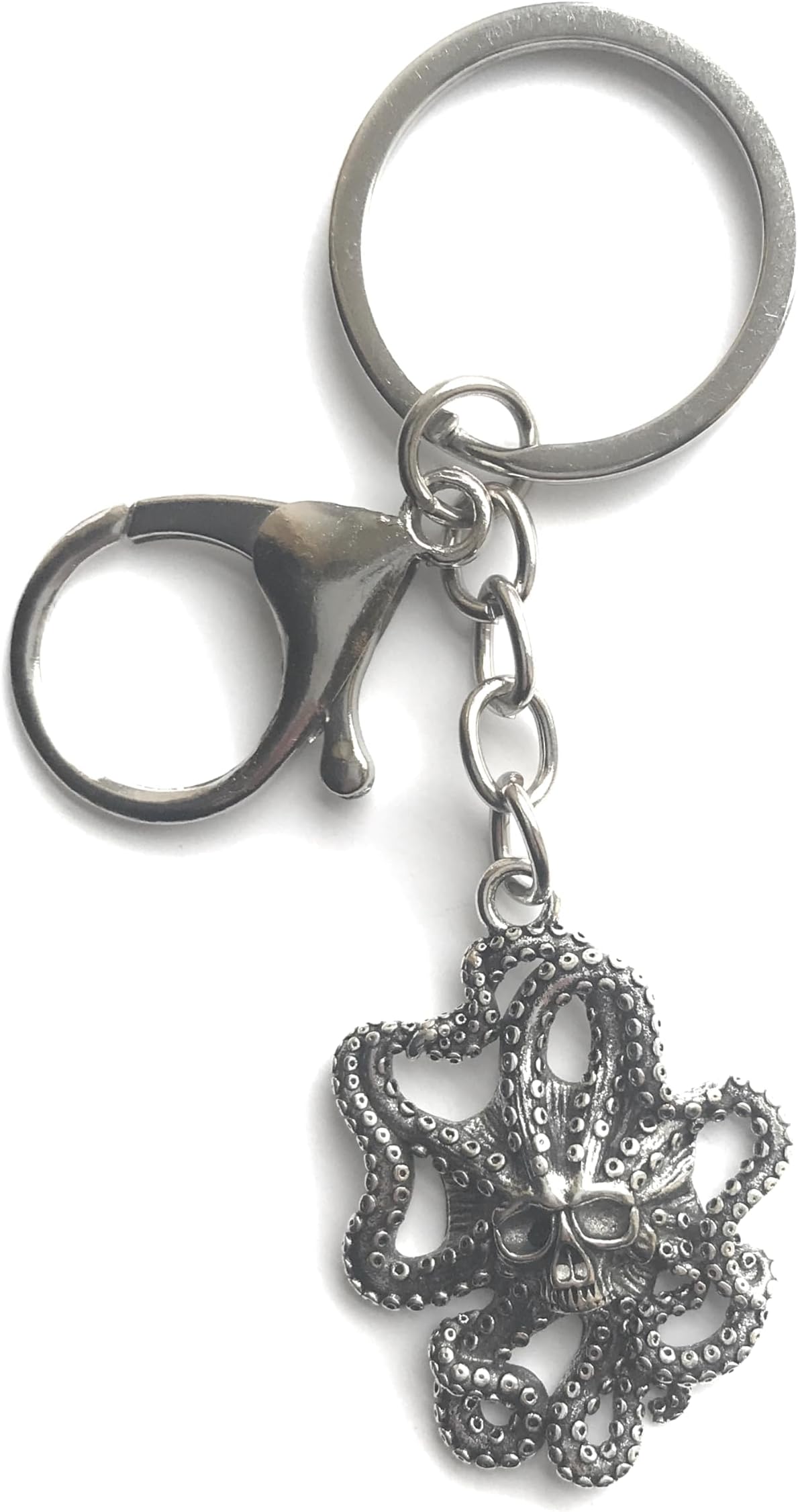 LARGE KEYRING - Kracken - Antique Silver Plated. Split Ring And Trigger Clasp. Key Ring. Gothic, Fantasy, Horror, Mystical, Emo. Octopus With Skull
