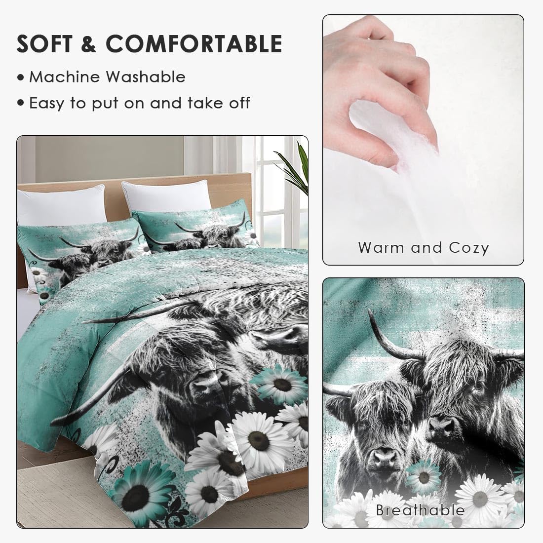 Comforter Set Full Size with 2 Pillowcases, Highland Cow Animal 3 Pcs Bedding for Kids and Adults, Farm Daisy Soft Comforter Set for Bedroom Bed Decor - Image 5