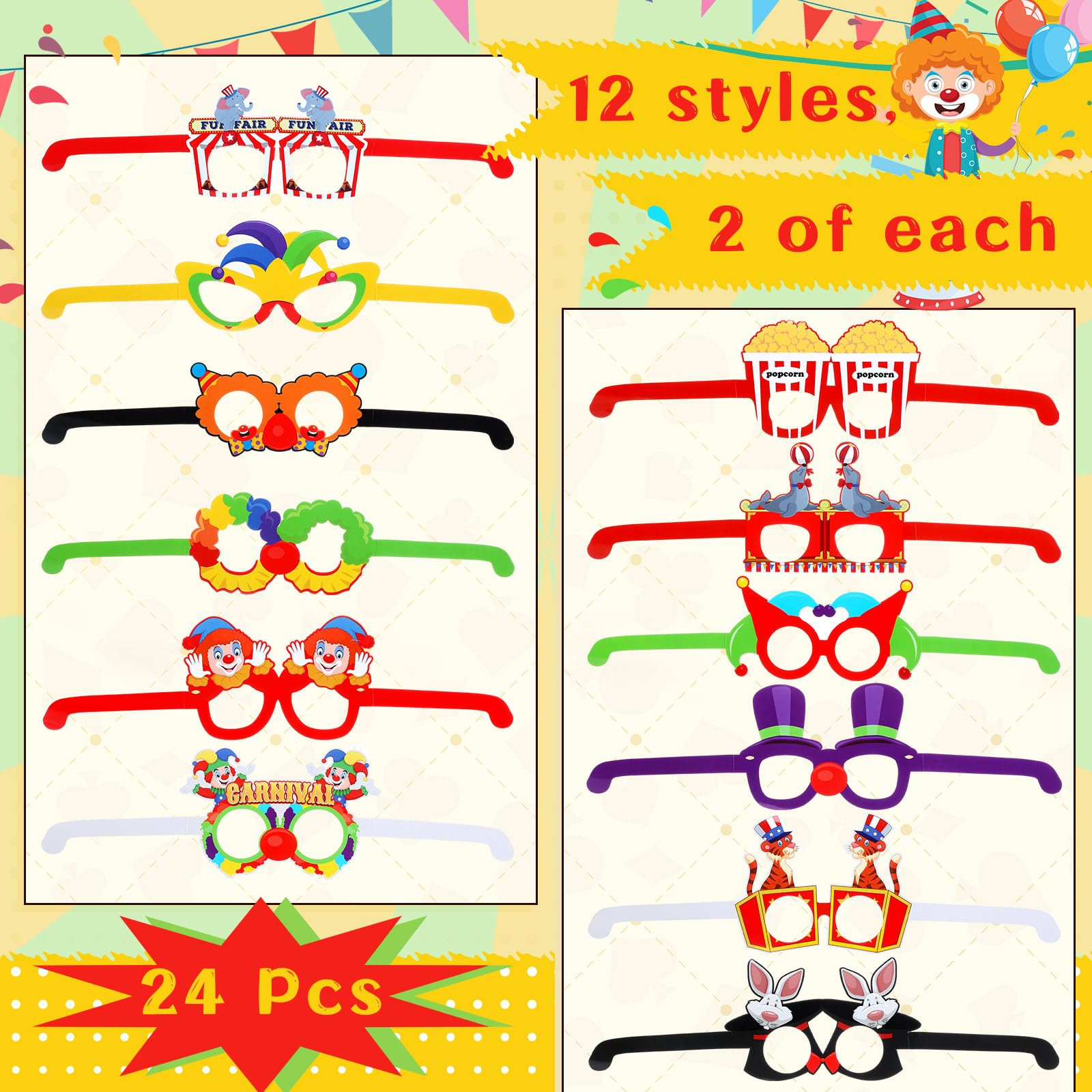 24 gafas de papel para carnaval de circo, para fiestas temáticas de circo, anteojos de papel, circo, carnaval, fiesta, fotomatón, kit de accesorios para decoración de carnaval para niños,