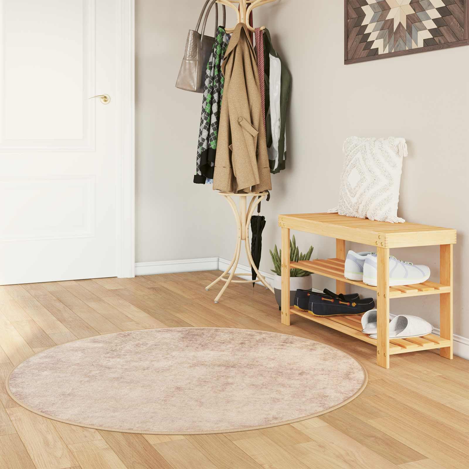 Tappeto Rotondo Beige 120x120 cm MARSA in Velluto di Poliestere | Morbido tappeto lavabile in lavatrice con fondo antiscivolo in PVC, ideale per soggiorno, ingresso e camera da letto.