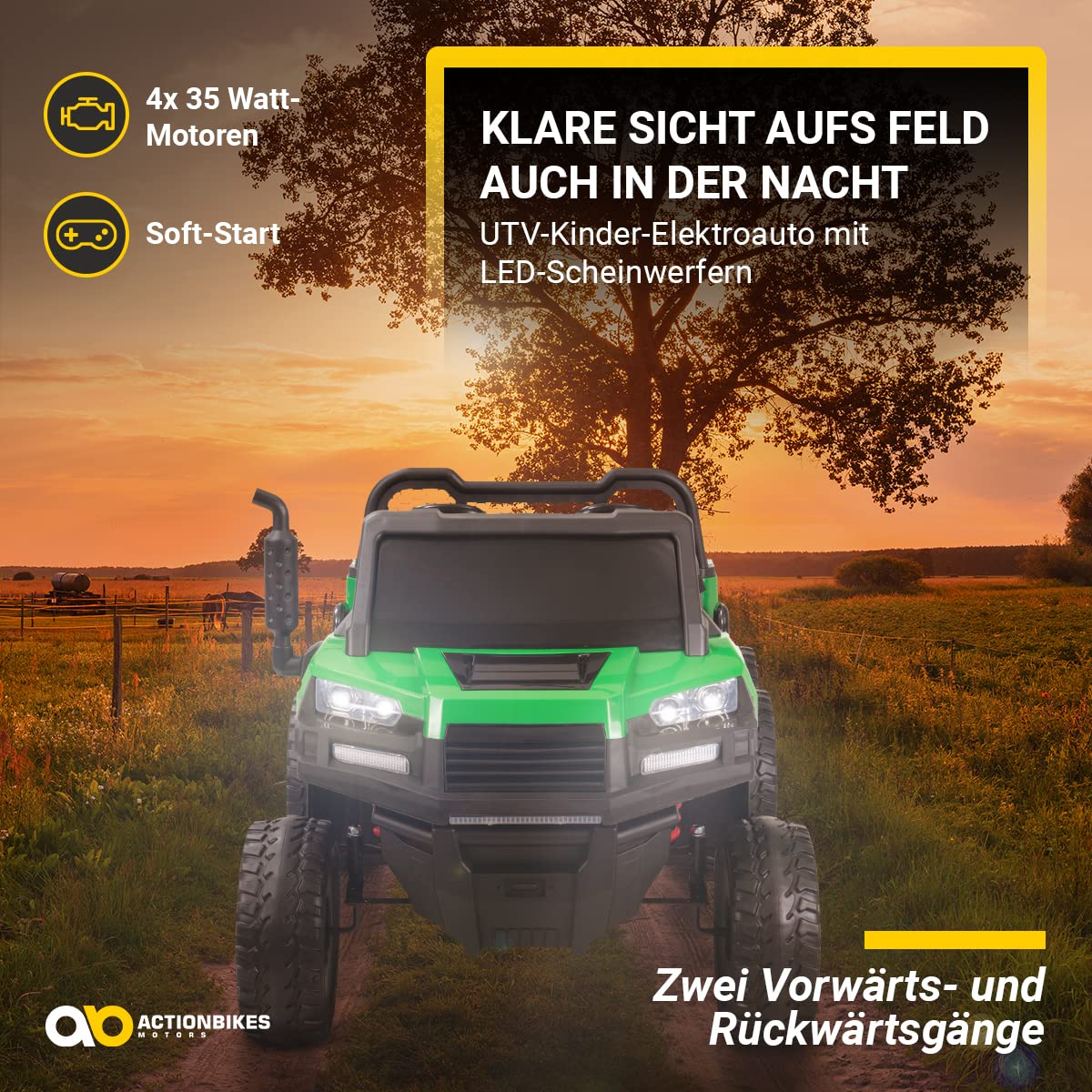 Actionbikes Motors Kinder Elektroauto UTV A730 | Fernbedienung mit First Funktion - 4-Rad Antrieb - Kinderauto elektrisch - Elektrofahrzeuge - Elektro Auto für Kinder ab 3 Jahre (Grün/Gelb)