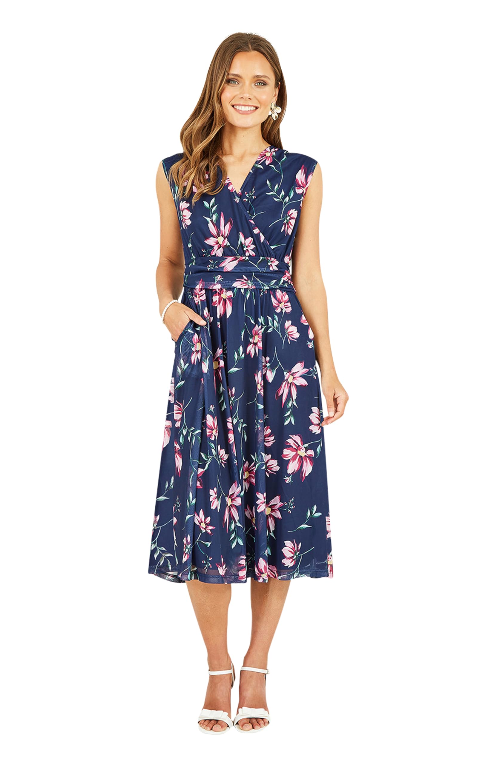 Yumi Women's Navy Floral Print Mesh Stretch Midi Dress With Pockets - Size 14 Uk