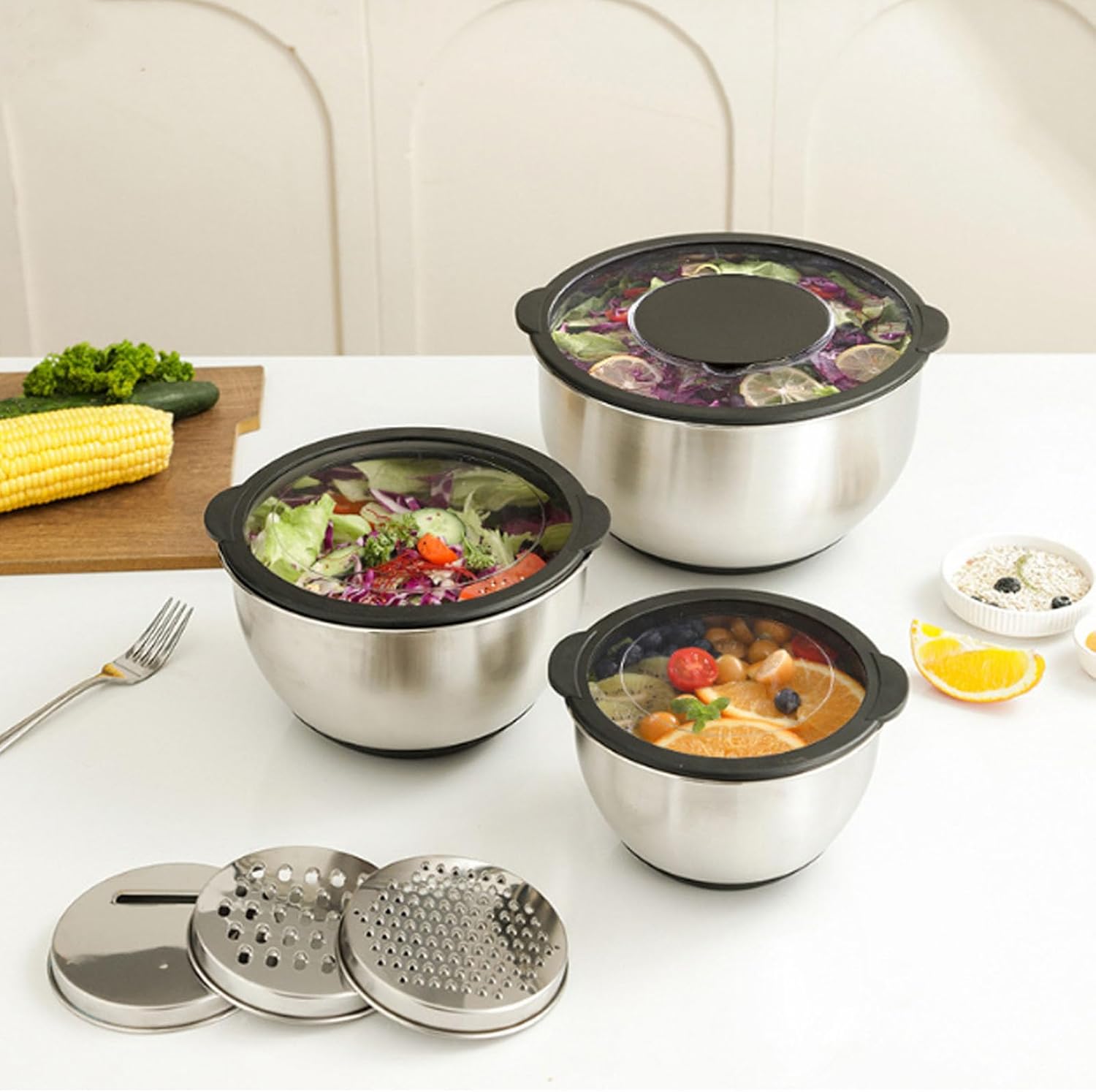 Mixing Bowls with Lids Set, 3 PCS Stainless Steel Mixing Bowls with 3 Grater Attachments, Kitchen Food Storage Organizers Nesting Mixing Bowl for Baking & Serving