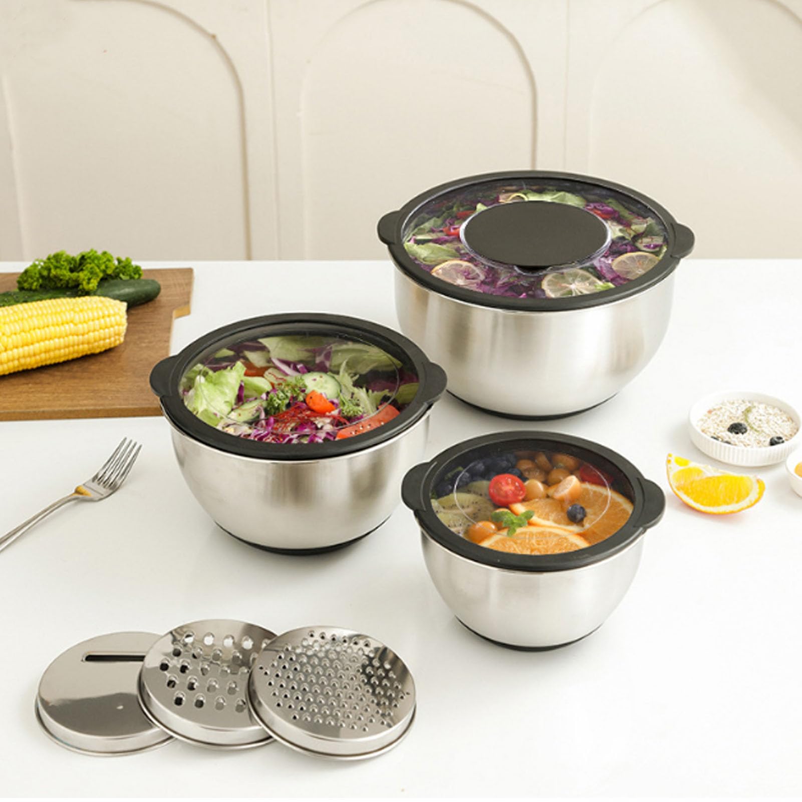3-teiliges Salatschüssel- und Reiben-Set mit Verschlussdeckeln für die Zubereitung von Mahlzeiten aus Edelstahl. Küchenutensilien
