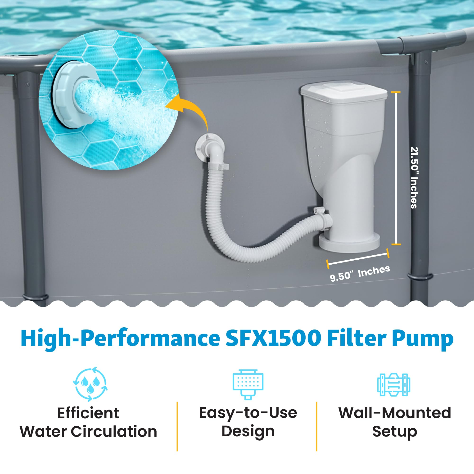 Funsicle SkimmerPlus 1500 GPH pompa filtrująca 2 w 1 i system odpieniacza z zaciskami i złączką węża 3,8 cm do basenów naziemnych