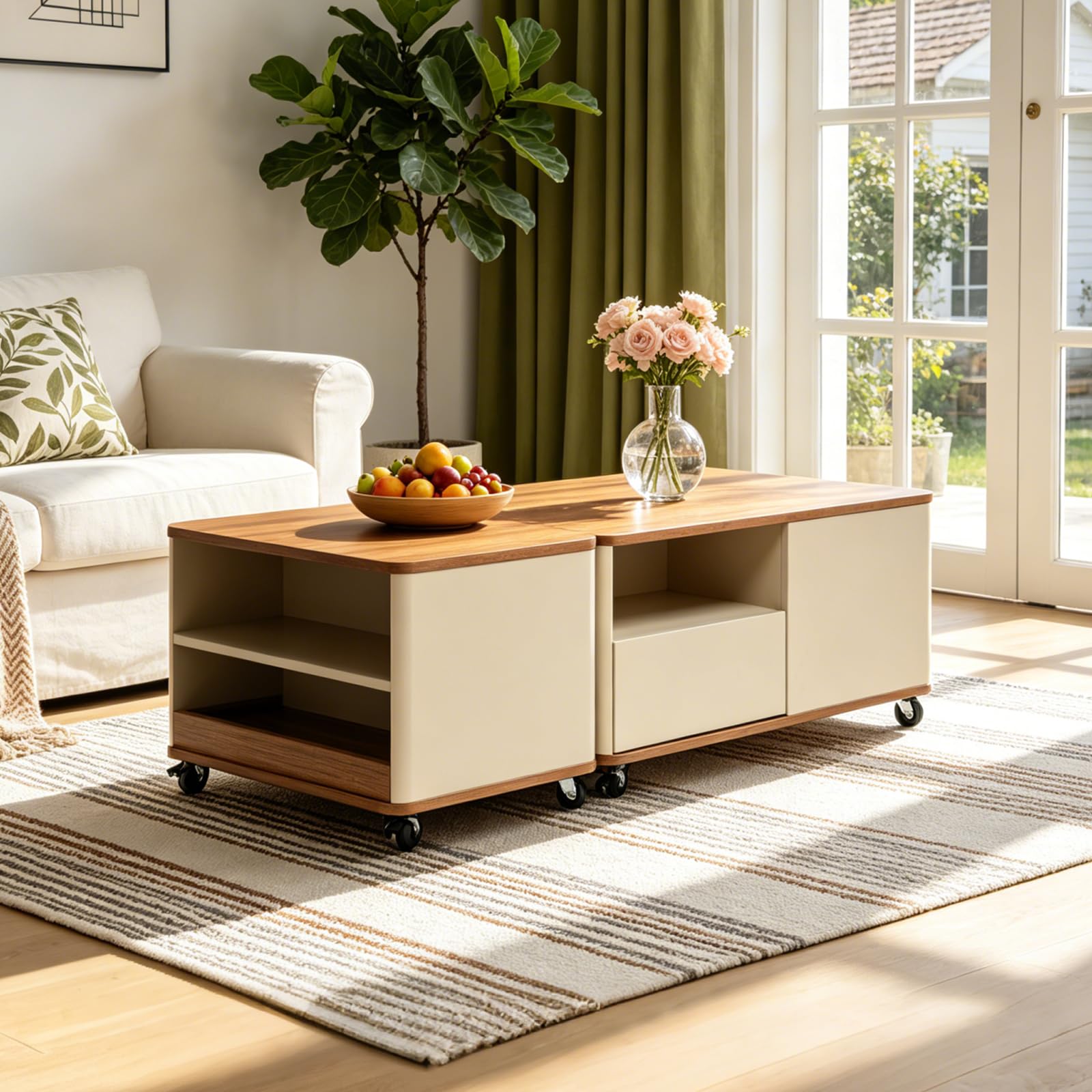Couchtisch Quadratischer mit Stauraum, Wohnzimmertisch Holz mit Rollen, Coffee Table Modulares Design für Wohnzimmer Büro Schlafzimmer