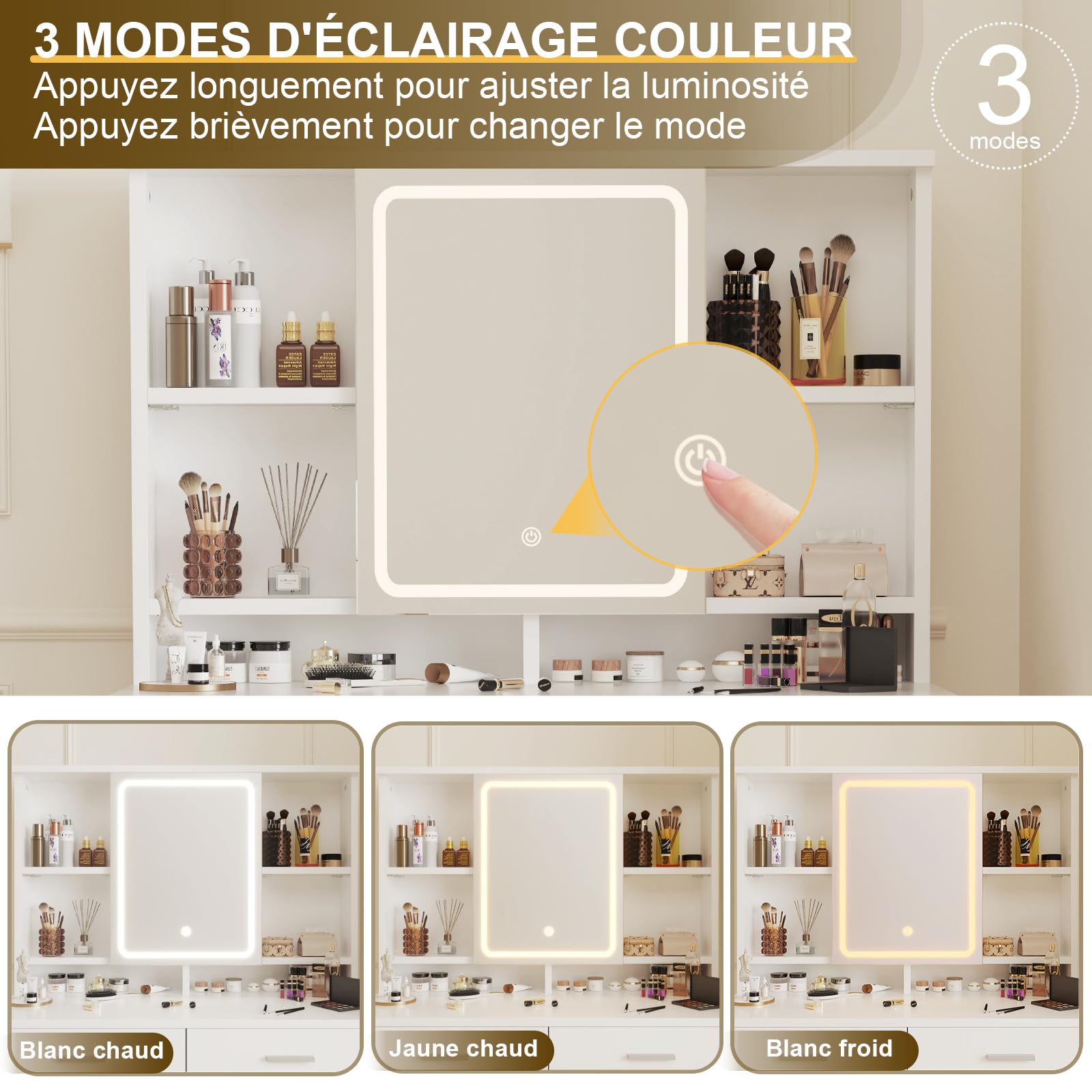 Airfish Coiffeuse avec Miroir LED, Luminosité Réglable, Rangement Derrière Le Miroir pour Bijoux, Table de Maquillage avec Étagère Réglable et 2 Tiroir, Meuble Coiffeuse Moderne pour Chambre (Blanc)