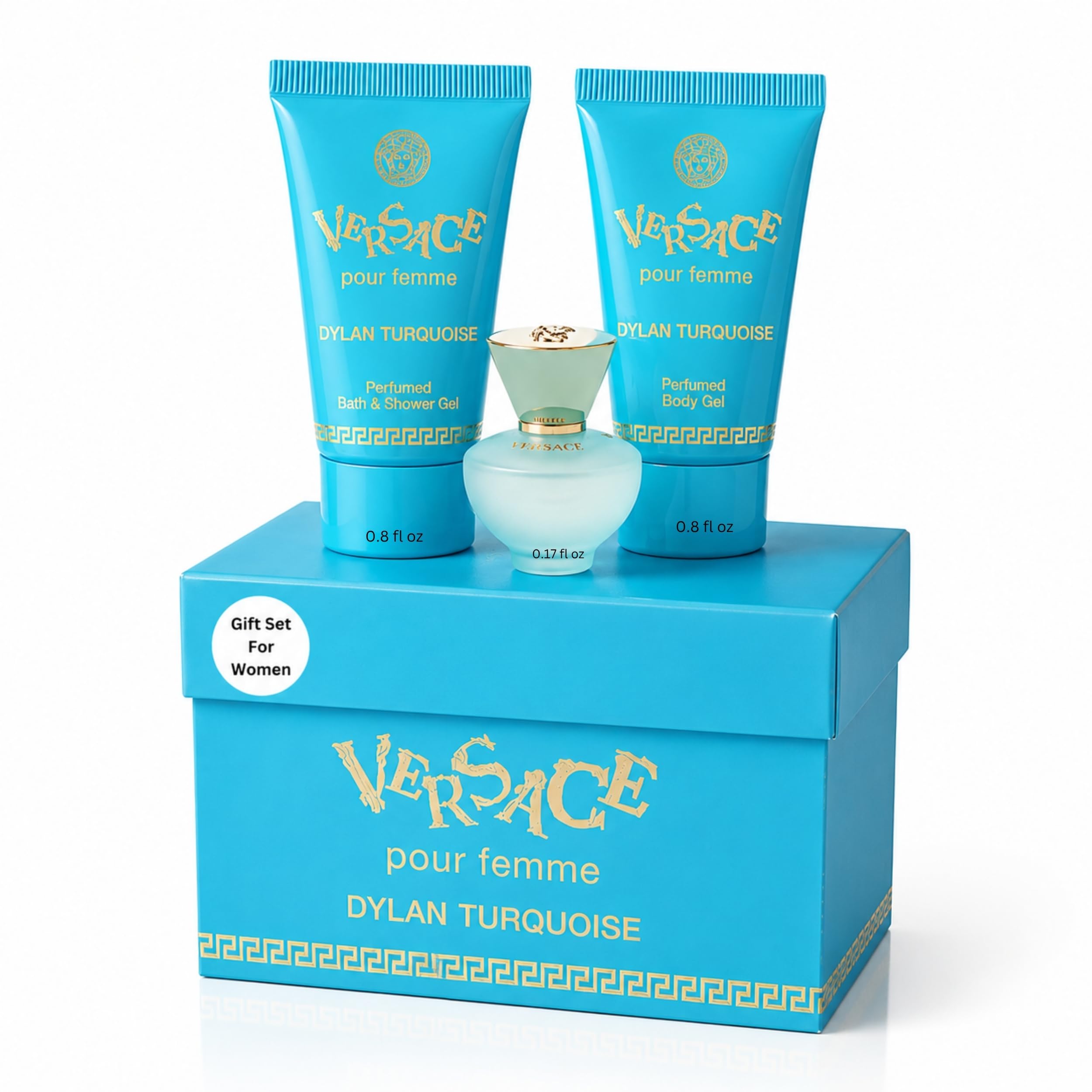 Versace Dylan Turquoise Damen Mini Parfüm drei teiliges Geschenk Set (5ml EDT Zerstäuber, 23ml Körpergel & 23ml Duschgel)