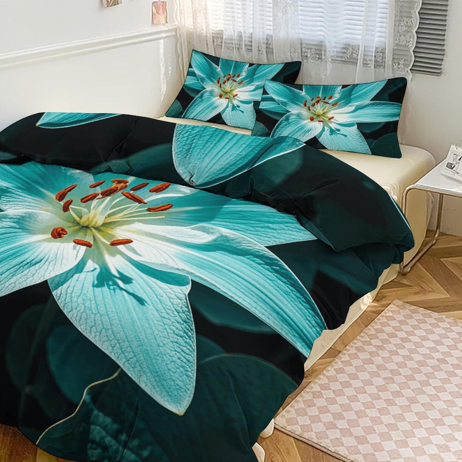 Housse de couette 218x177 taies oreiller fermeture éclair bleu sarcelle
