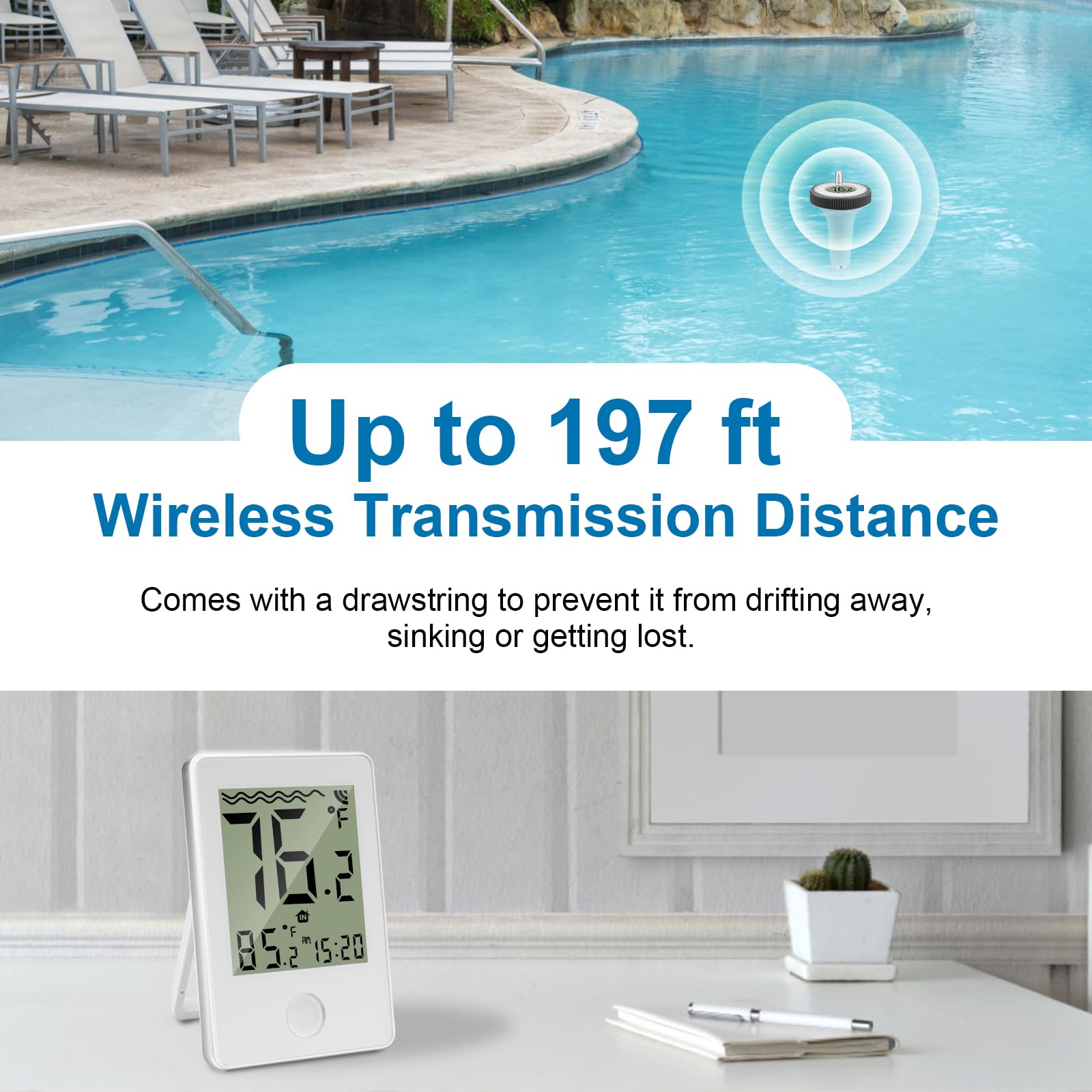 Pool Thermometer Funk, Poolthermometer Schwimmend Funk Digitales Thermometer für Pool, IP67 Wasserdicht Schwimmbadthermometer Wasserthermometer Innen Außen für Schwimmbäder, Aquarium, Badewannen,Teich