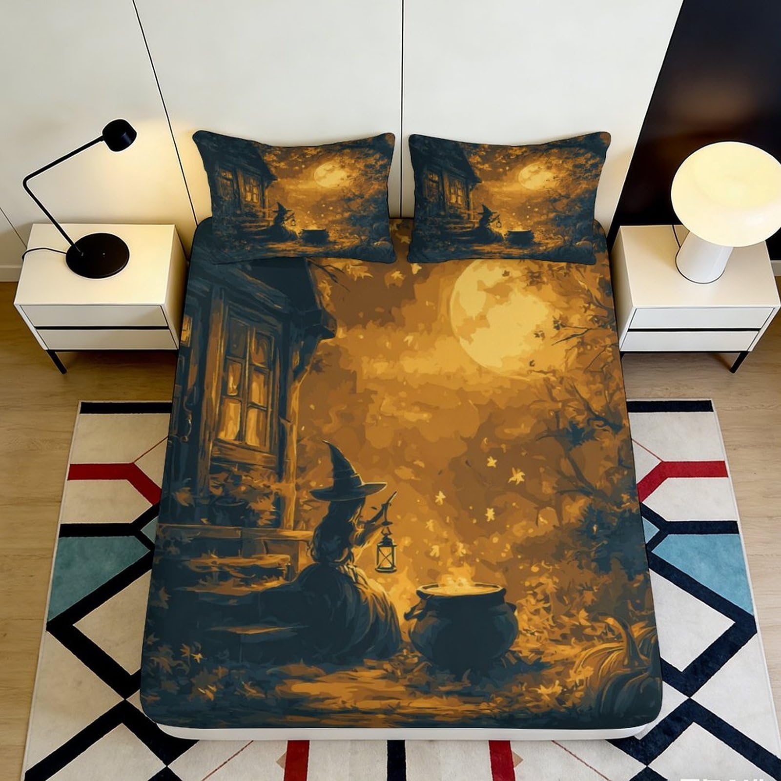 3D Printed Halloween Witch Fitted Sheet Microfiber Soft Durable Full Moon Bed Cover for Bedroom Dormitory Guest Room Mattress Protection 140x200x25cm