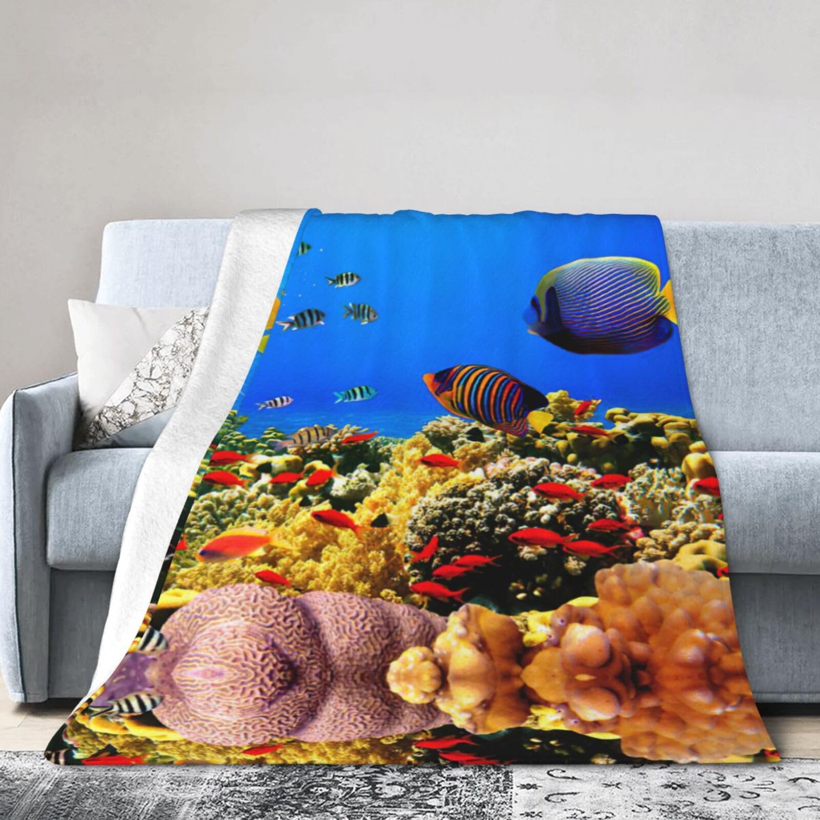 Uusnwaa Soft Cosy Fleece Warm Throw Sea Fish Pattern Print Blanket