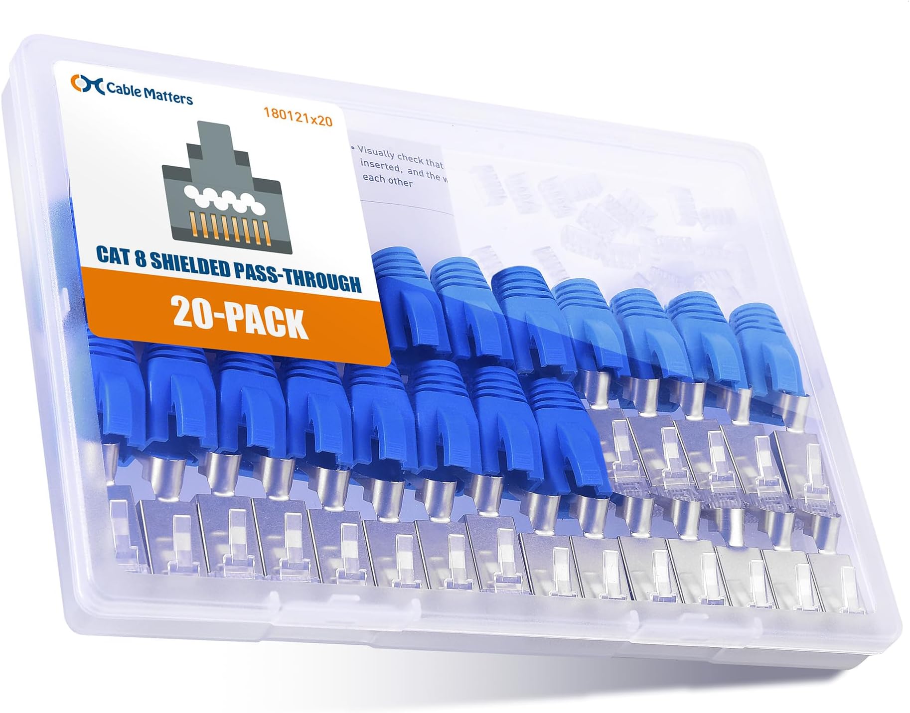 Cable Matters 20-Pack 23-24AWG Shielded Cat8 RJ45 Pass Through Connector with Load Bar & Strain Relief Boots, 50µ Gold Plated, Cat 8 Pass-Through RJ45 Plugs, NOT Compatible with 22AWG Cable