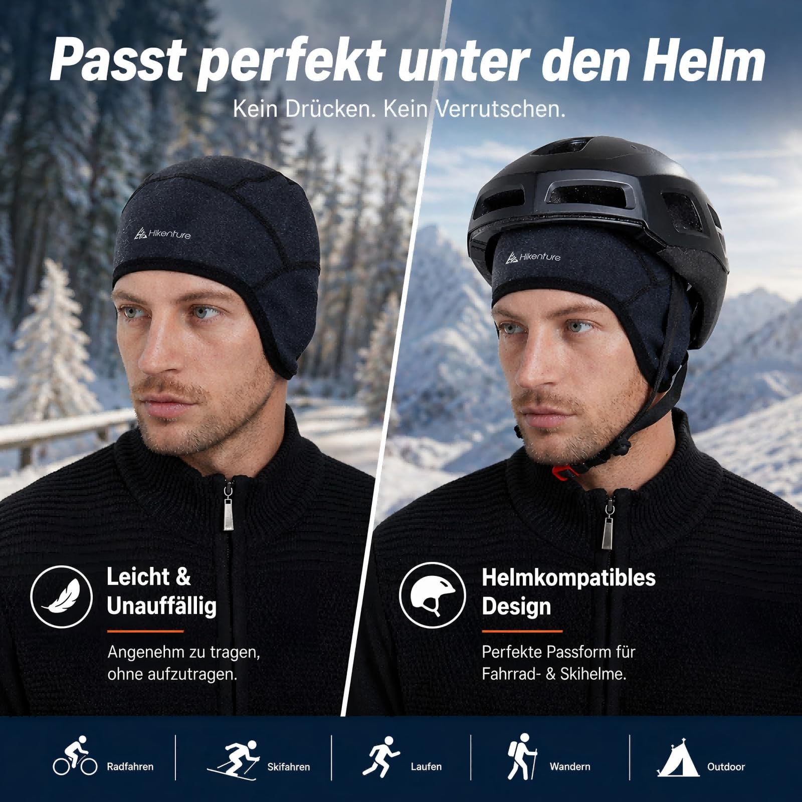 HIKENTURE Czapka zimowa | Wiatroszczelna zimowa czapka rowerowa | Ciepła Czapka Rowerowa | Podkoszulek pod kask męski/damski do kasków rowerowych Kask narciarski Kask wspinaczkowy | Czapka sportowa