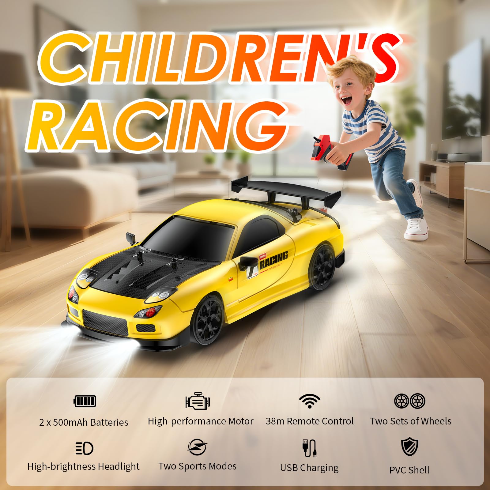 Coche teledirigido 1:14 RC Drift Car,2.4GHz 28km/H Coche de Deriva RC, 4WD Drift RC con Luces LED Regalo para Niños (Yellow)